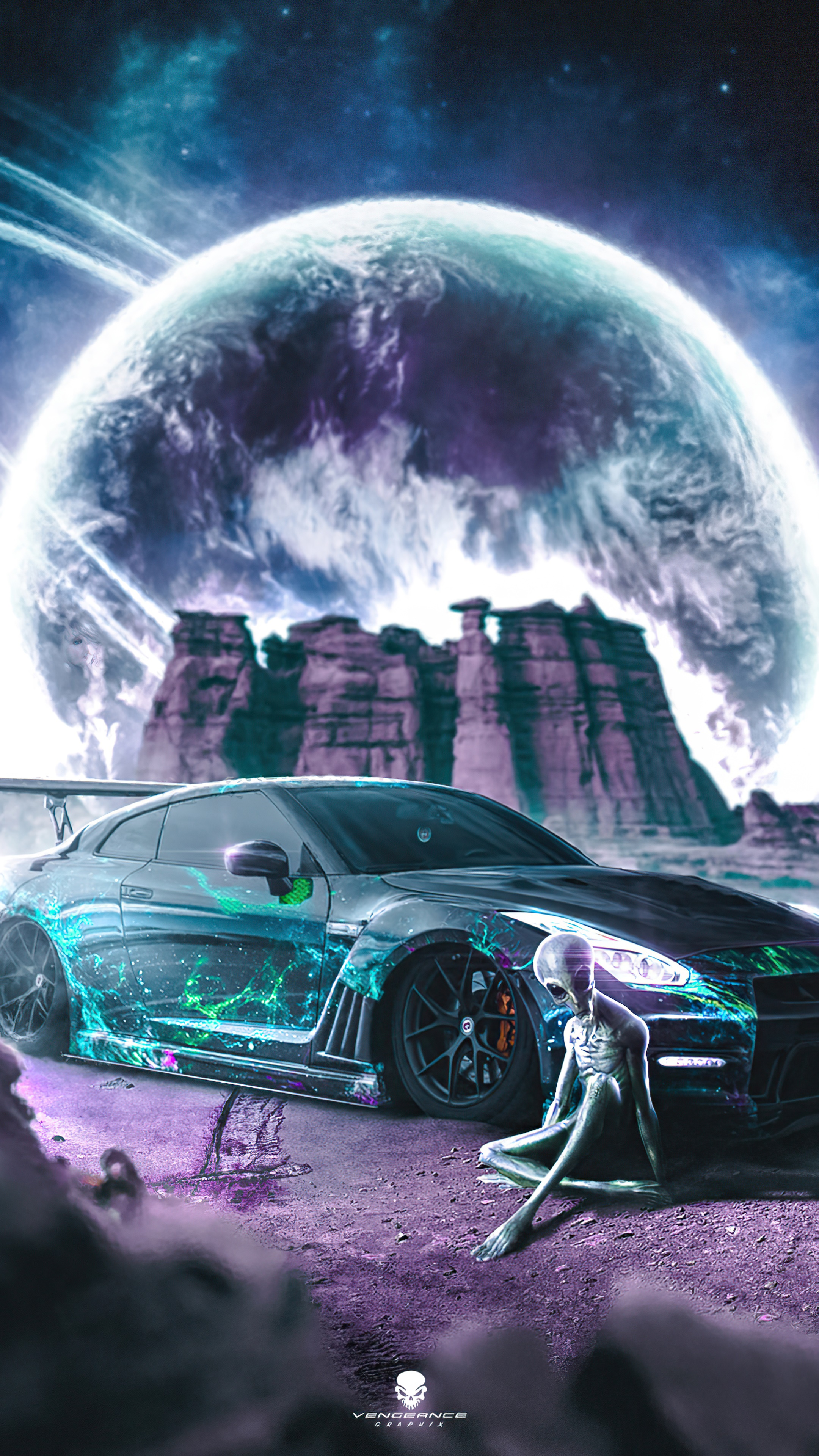 Alien with a modified Nissan GT-R on a strange planet HD Phone Wallpaper