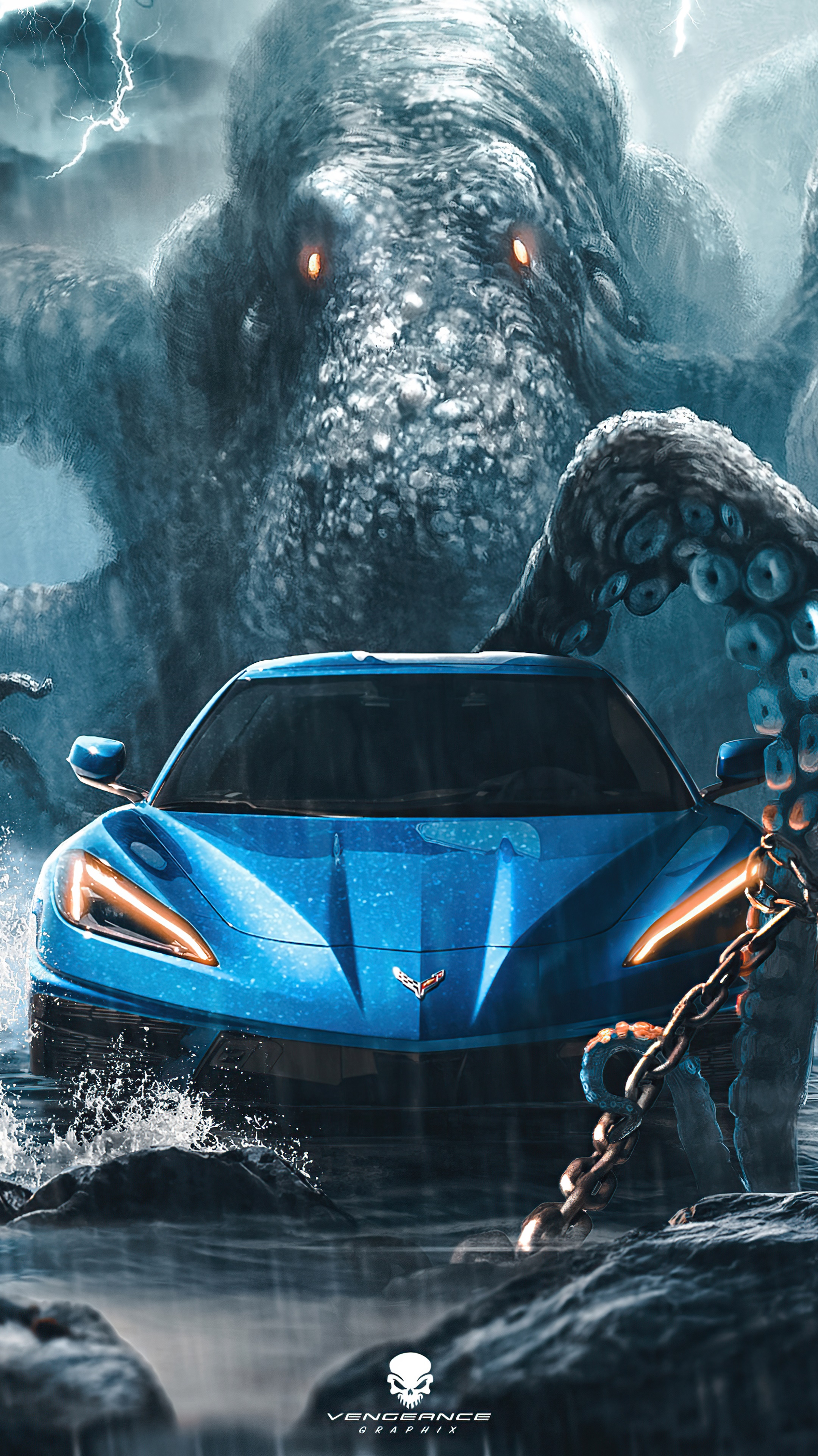 Blue Chevrolet Corvette C8 with Kraken HD Phone Wallpaper