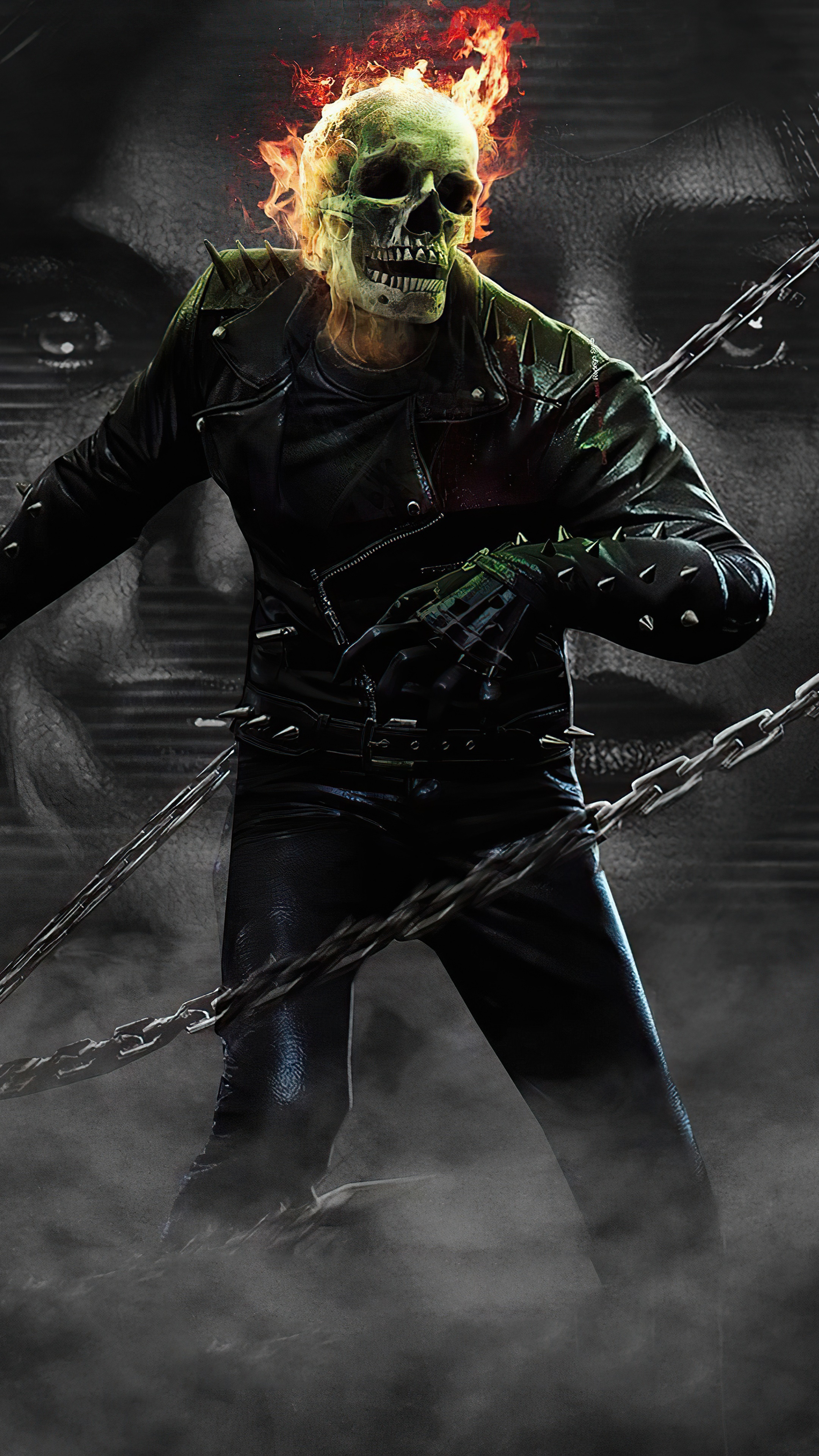 Ghost Rider with flaming skull and chains HD Phone Wallpaper