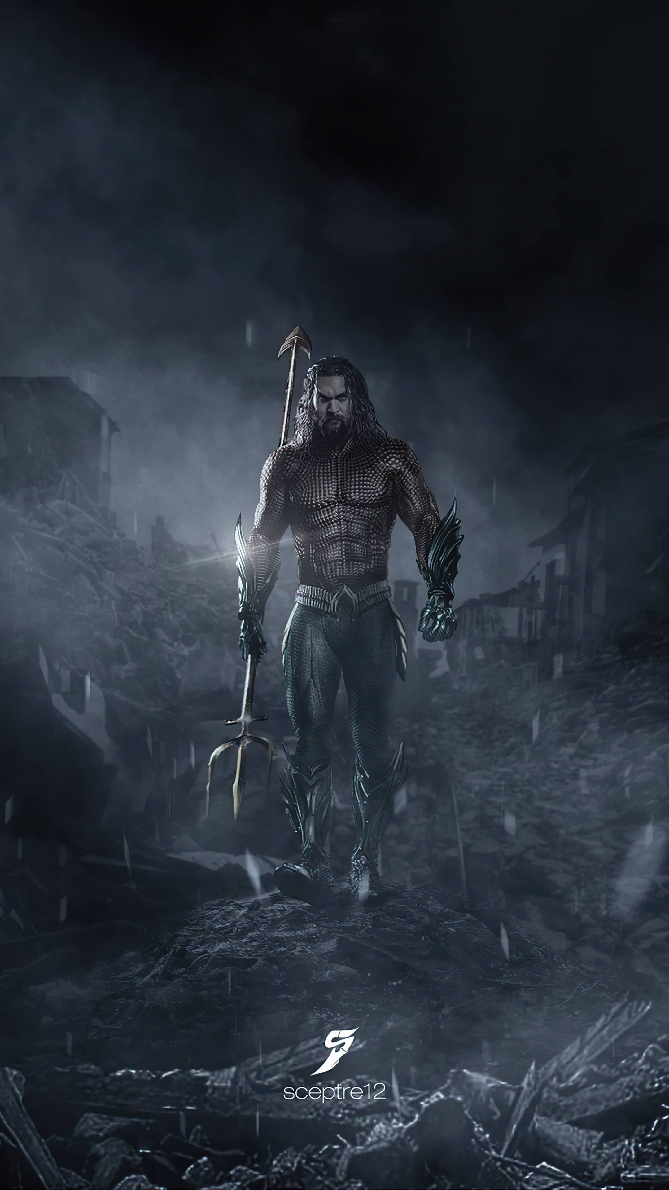 Aquaman holding a trident in a destroyed city HD Phone Wallpaper