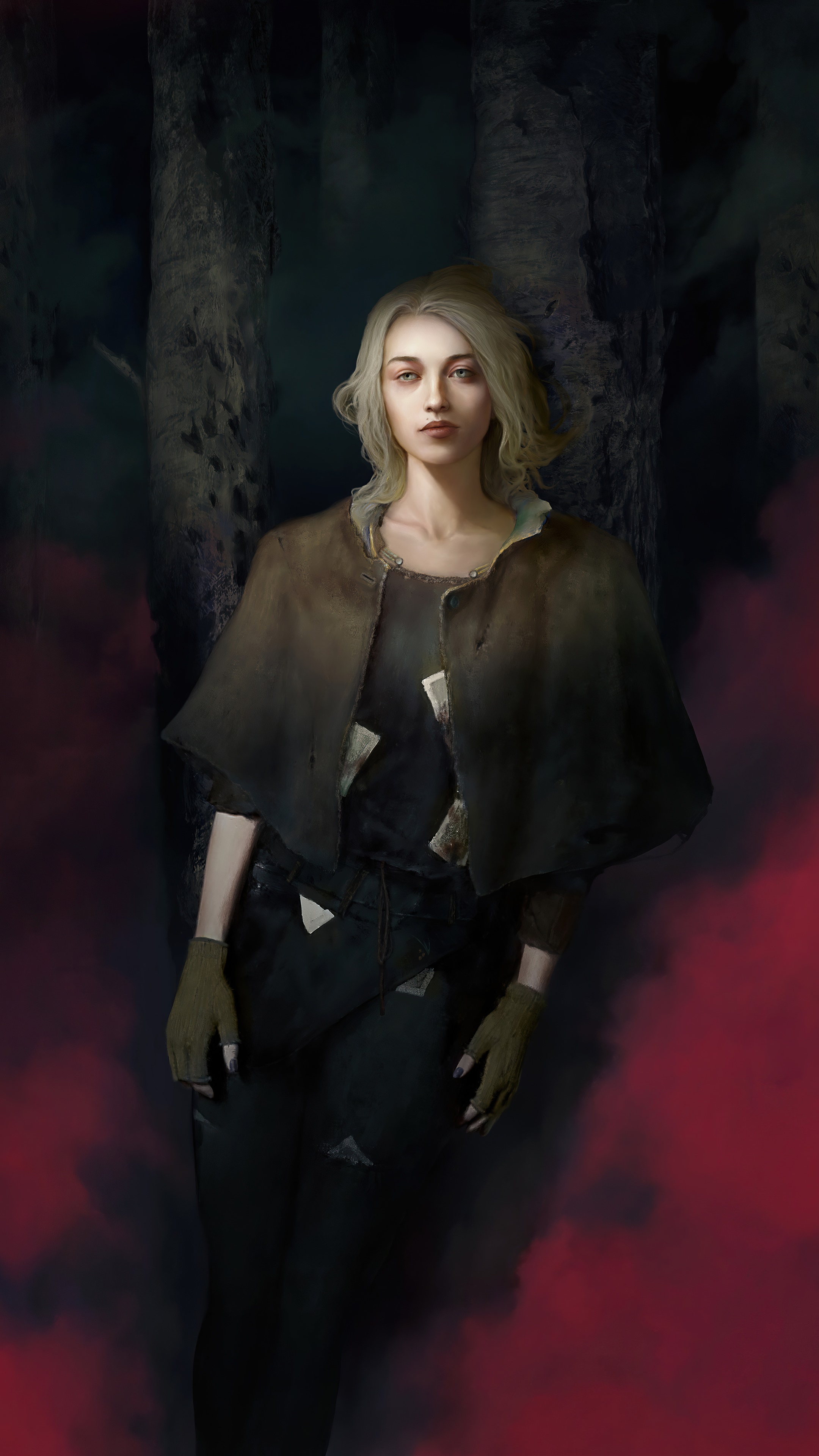 Artwork of a woman in a dark forest HD Phone Wallpaper