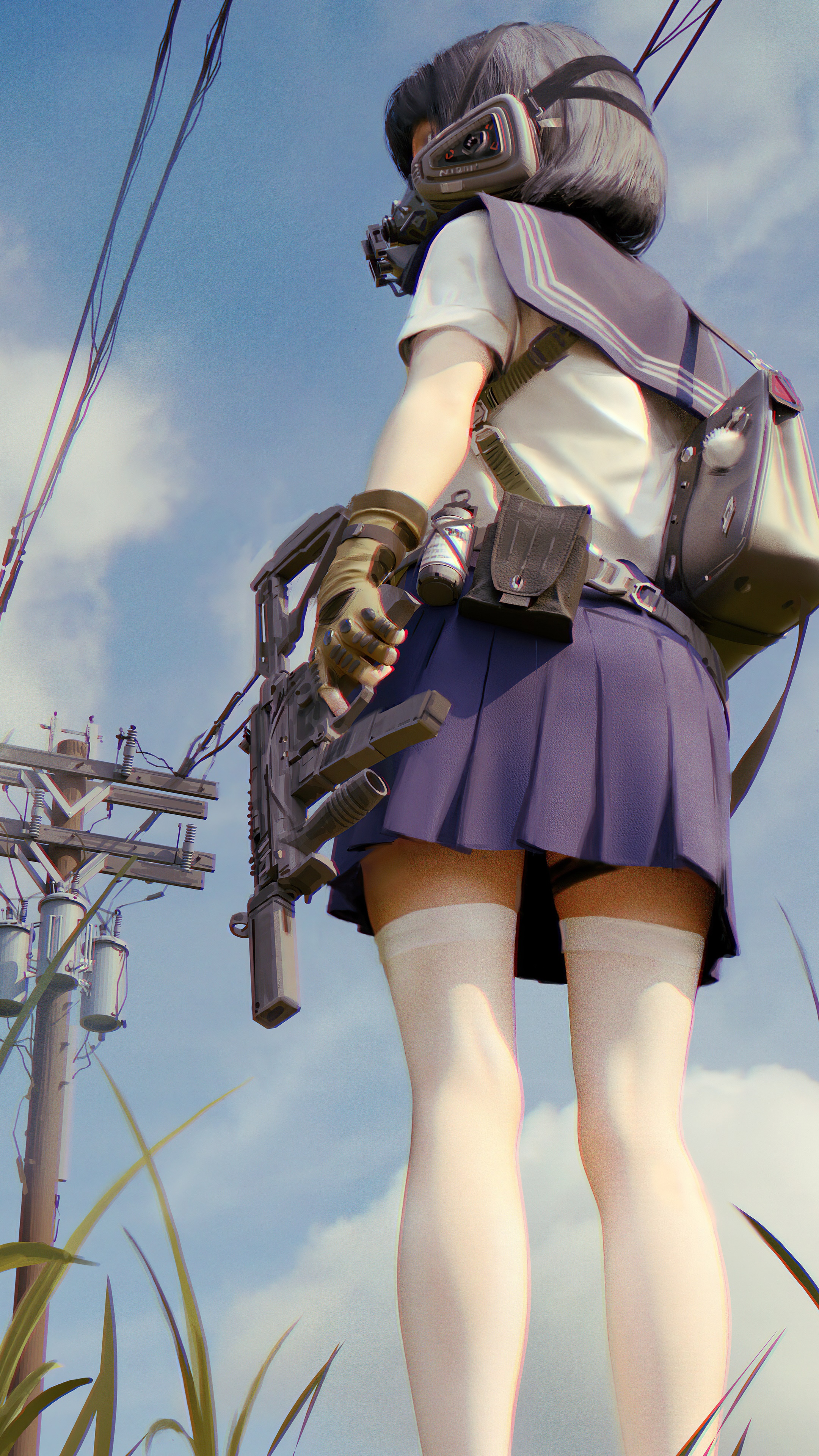 Anime girl with gas mask and rifle HD Phone Wallpaper