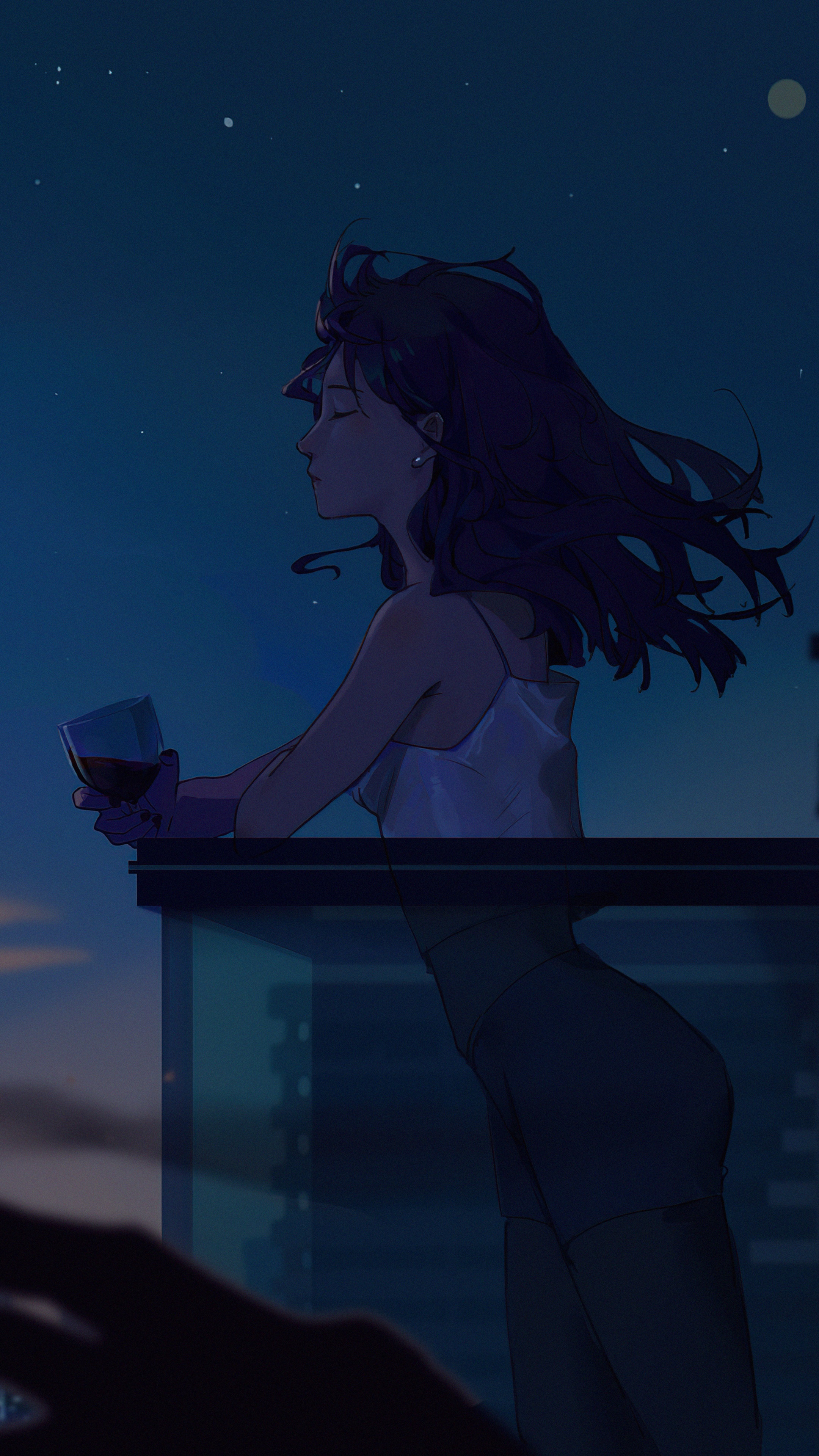 Woman with wine on balcony at night HD Phone Wallpaper