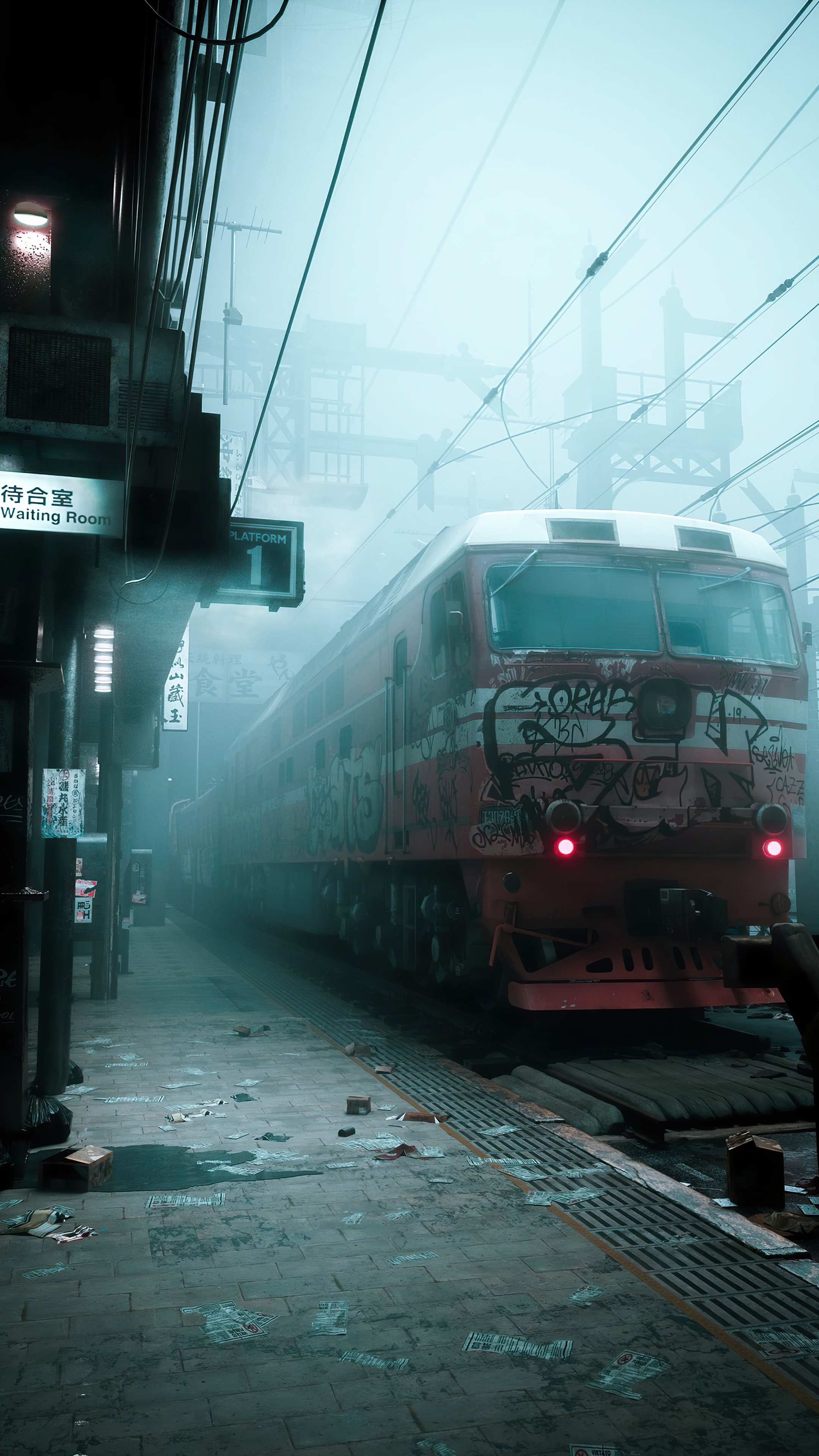 Graffiti-covered train at a foggy station HD Phone Wallpaper