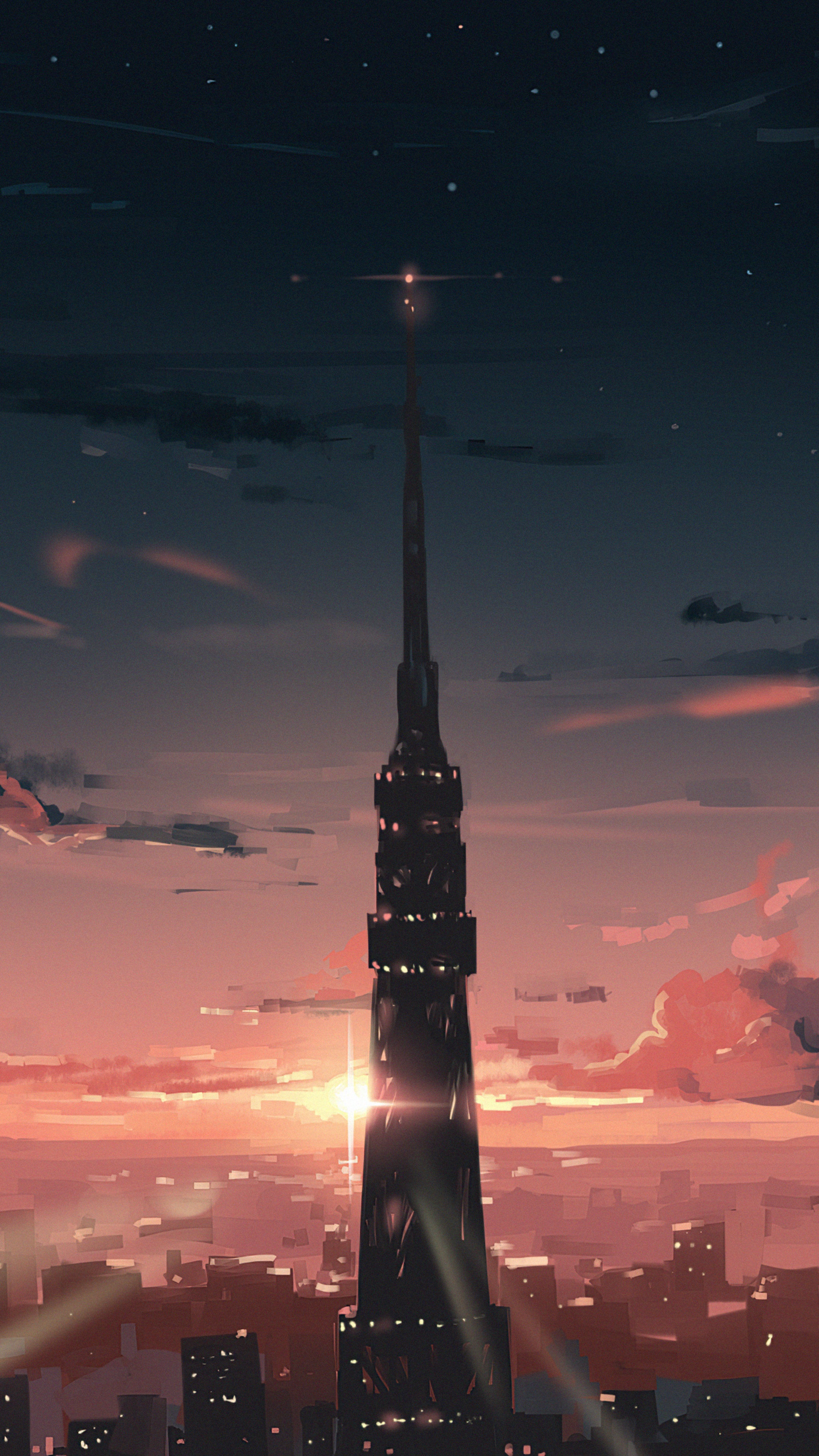 Anime cityscape with a tall tower at sunset HD Phone Wallpaper