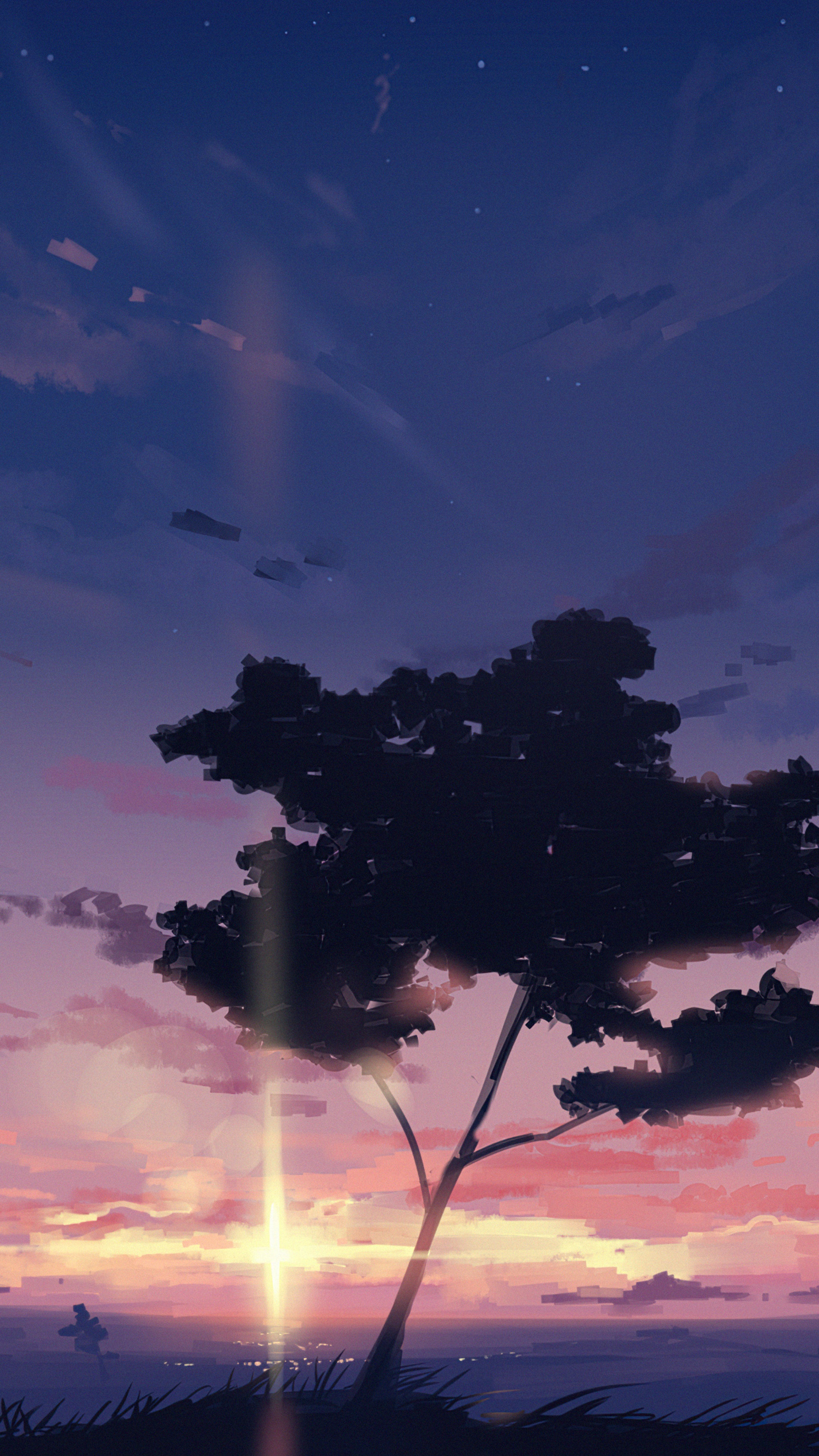 Anime landscape with tree at sunset 4K HD Phone Wallpaper