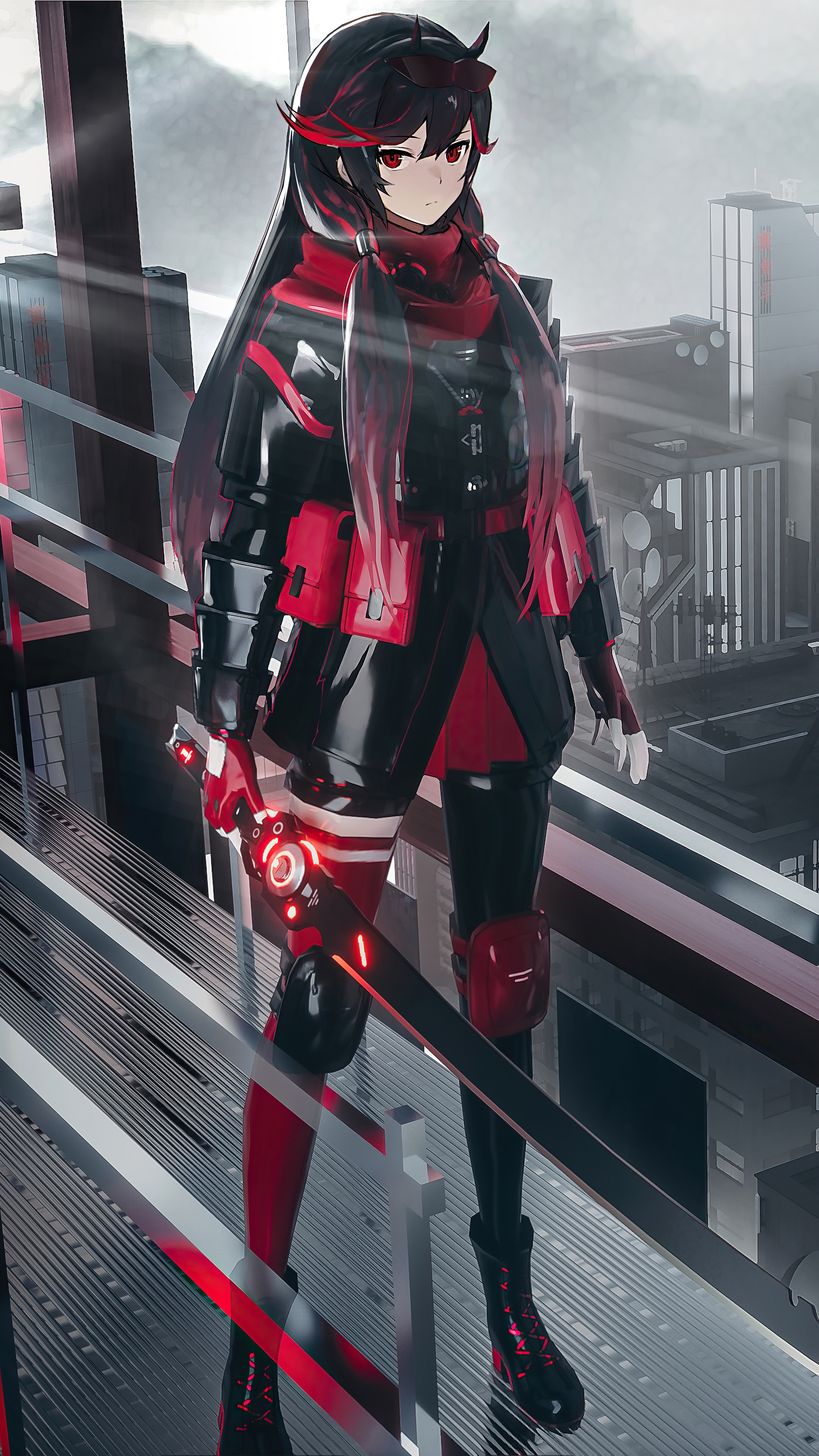 Anime girl with sword in futuristic city HD Phone Wallpaper