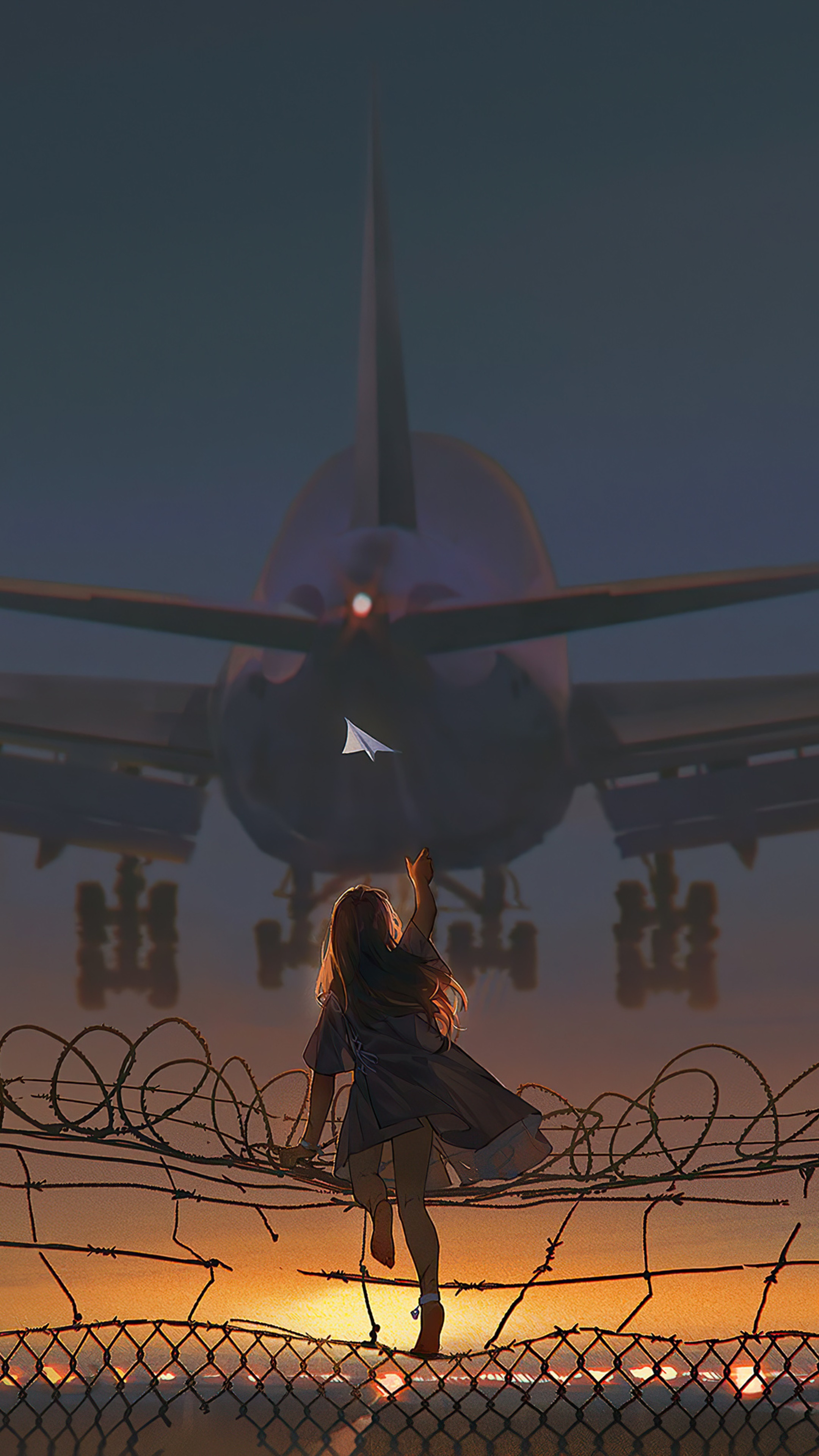Girl throwing paper airplane at airplane HD Phone Wallpaper