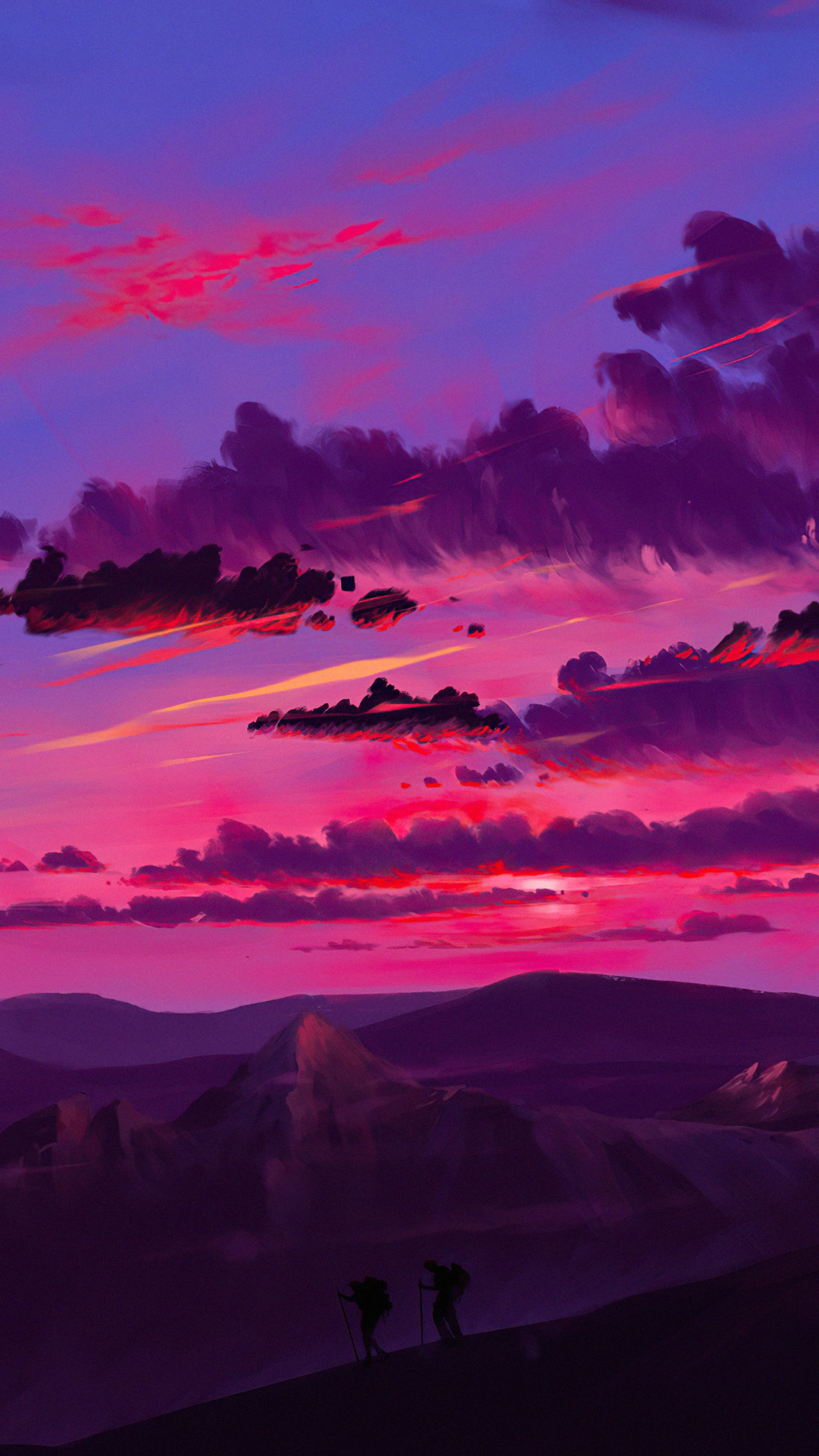 Digital art of a sunset over mountains HD Phone Wallpaper