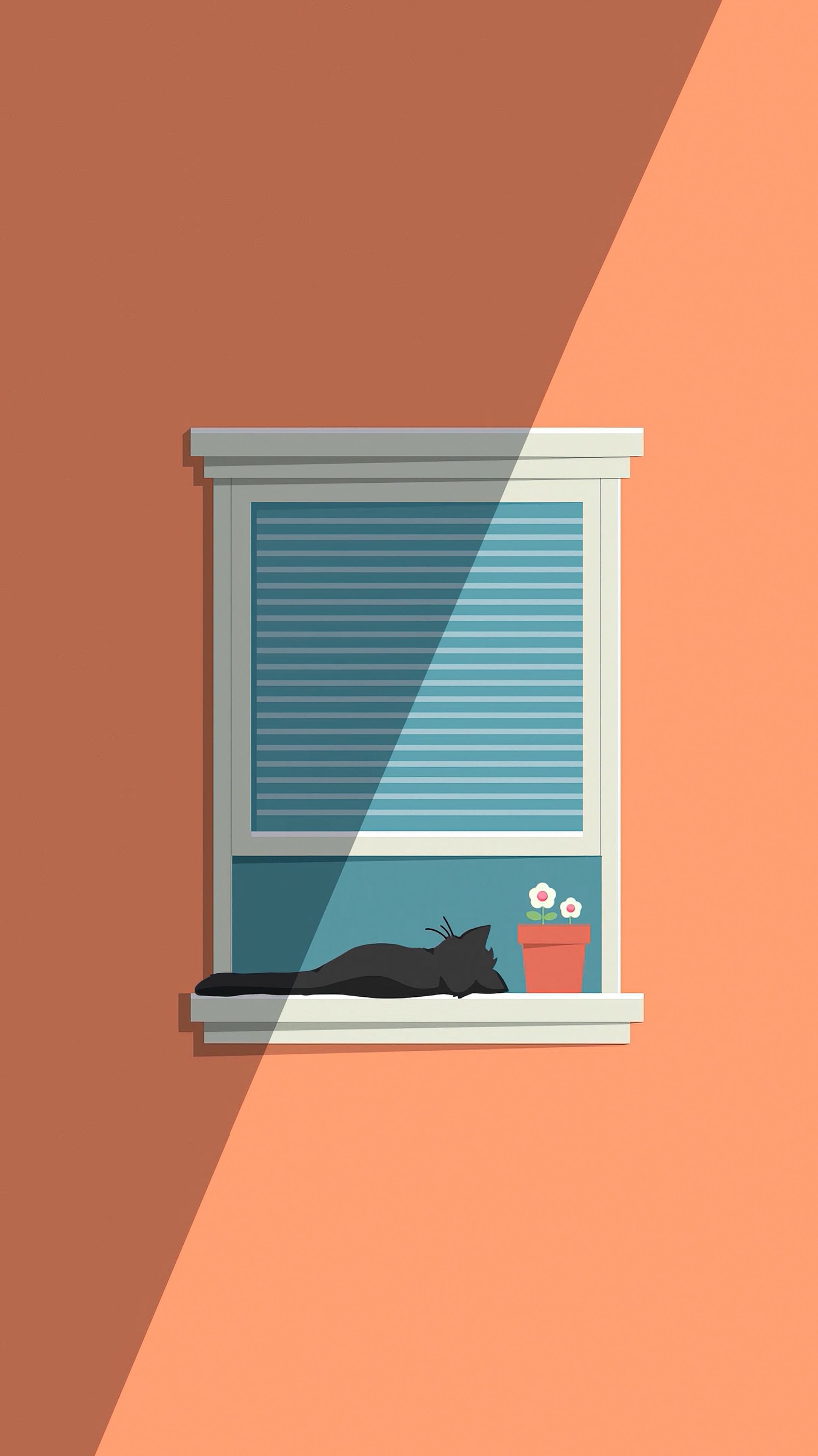 Minimalist artwork of a black cat on a windowsill HD Phone Wallpaper