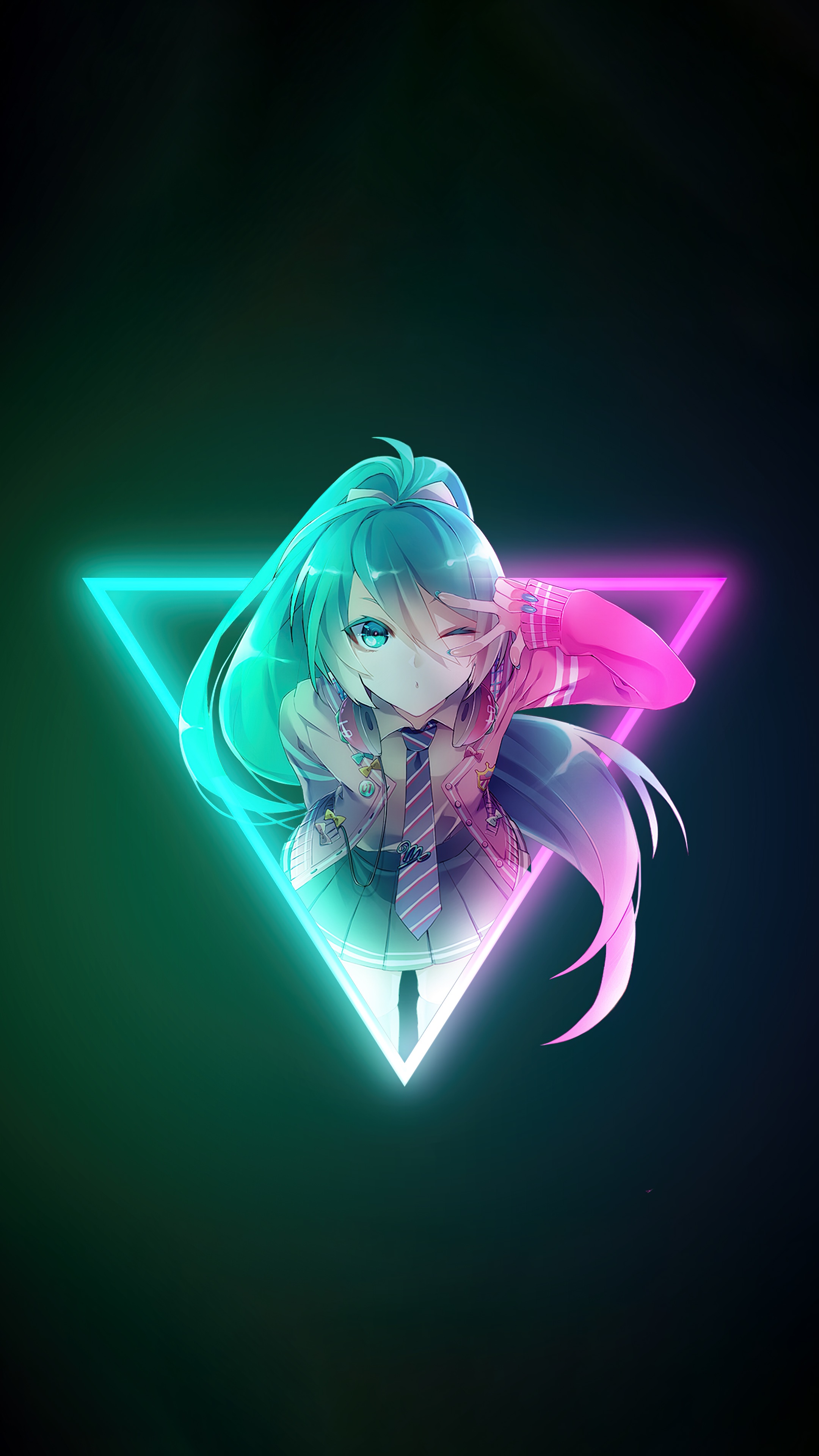 Anime girl with blue hair inside a neon triangle HD Phone Wallpaper