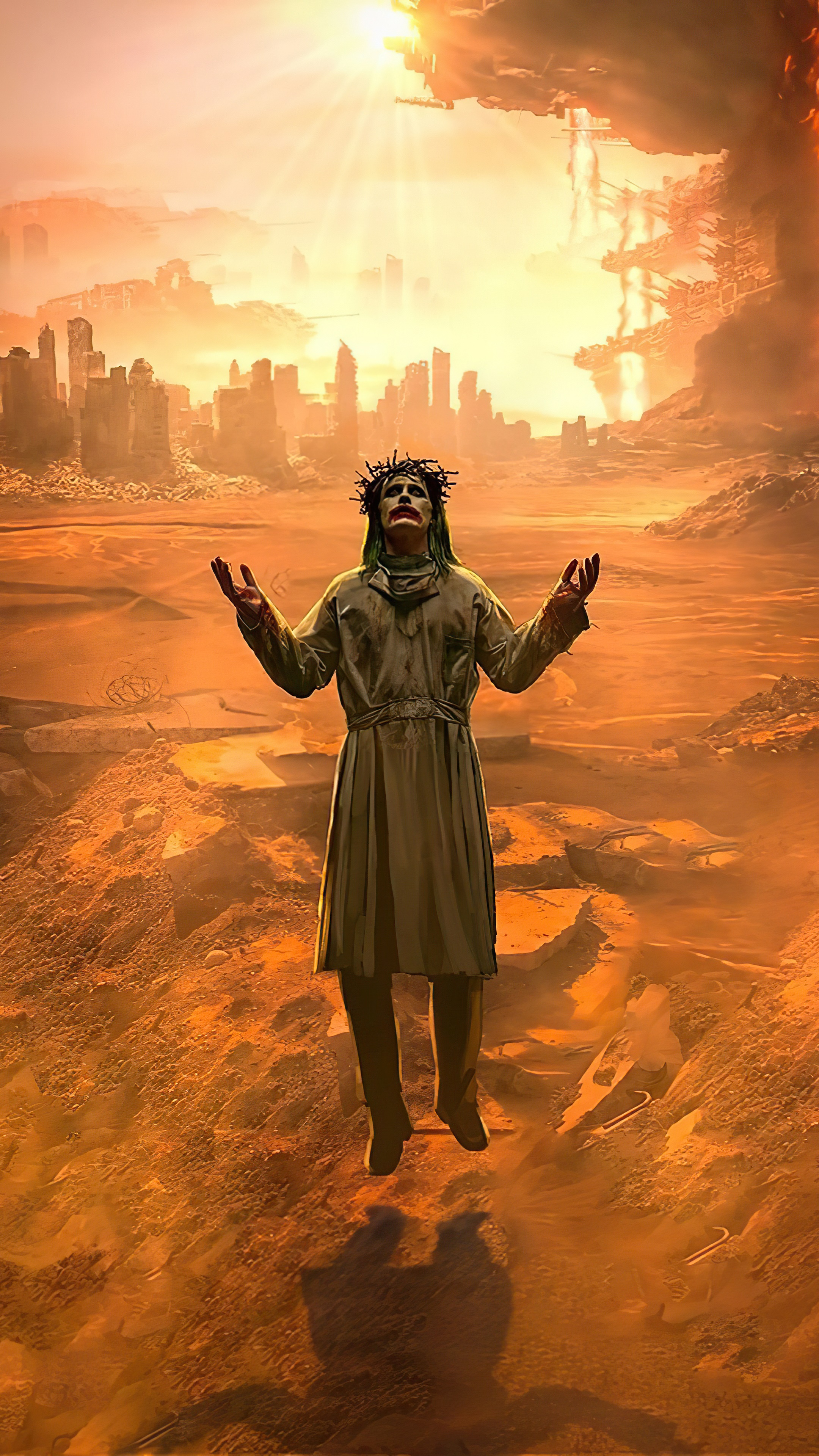 Joker with Crown of Thorns in Post-Apocalyptic City HD Phone Wallpaper