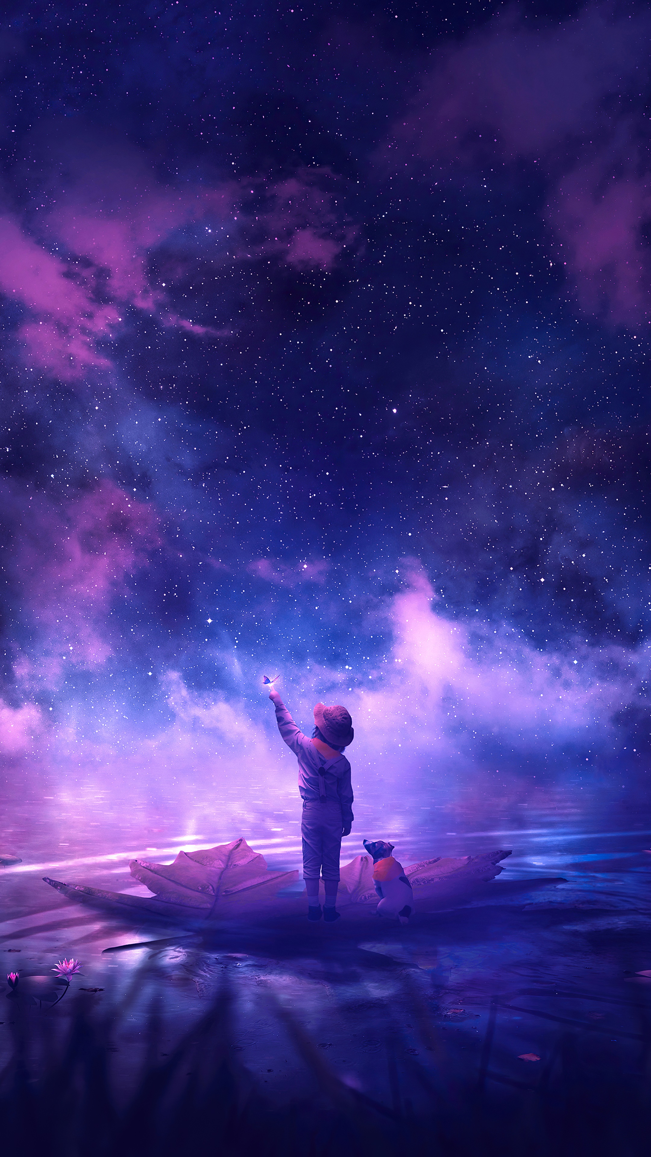 Child and dog in a boat under a starry sky HD Phone Wallpaper