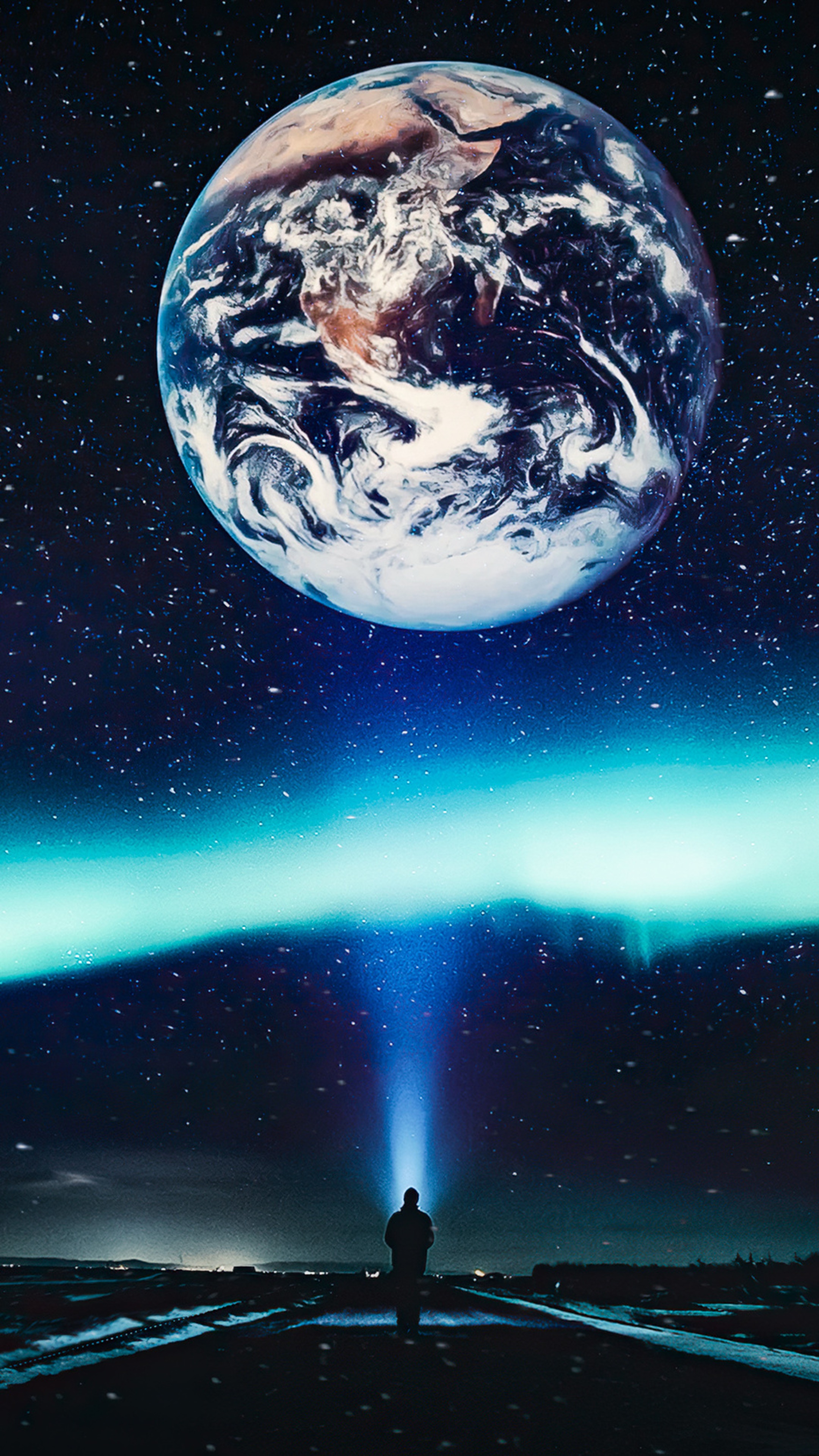 Earth and Aurora Borealis above a lone figure HD Phone Wallpaper