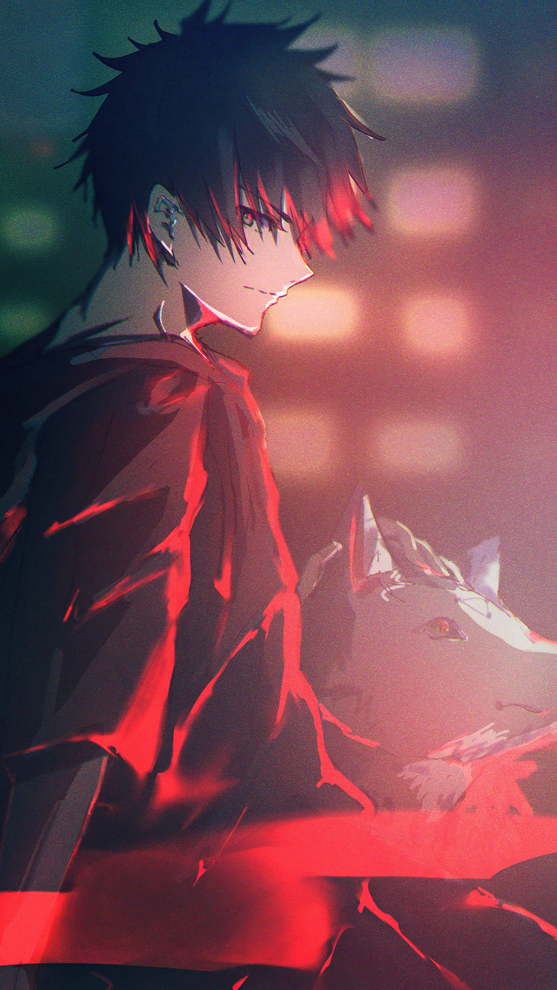 Anime boy with wolf, red lighting, 4K HD Phone Wallpaper