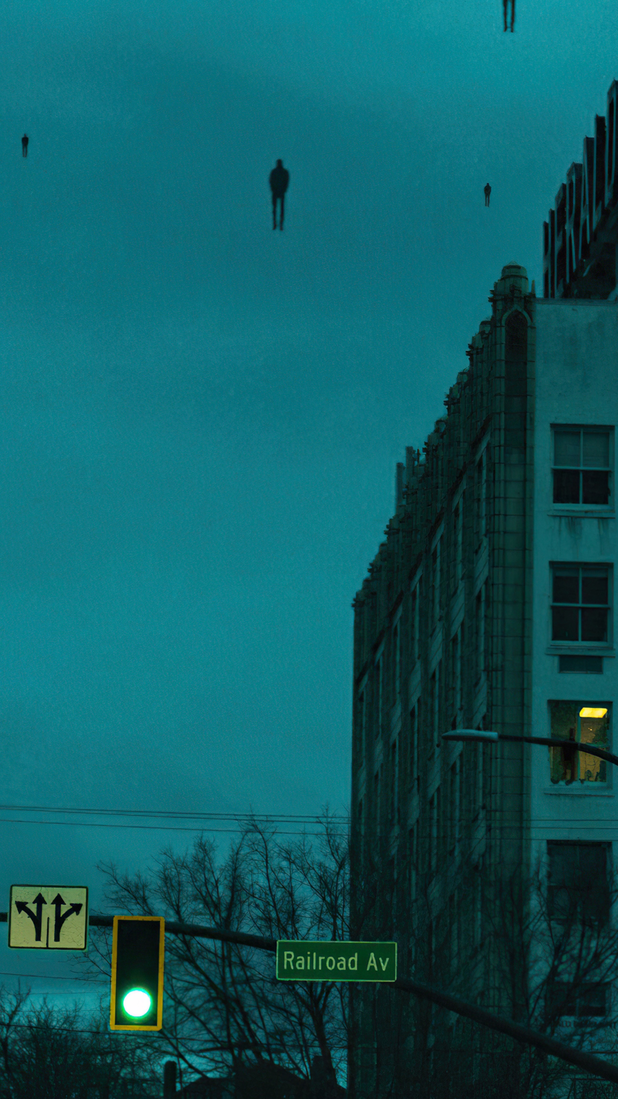 Figures floating in the sky above a city street HD Phone Wallpaper