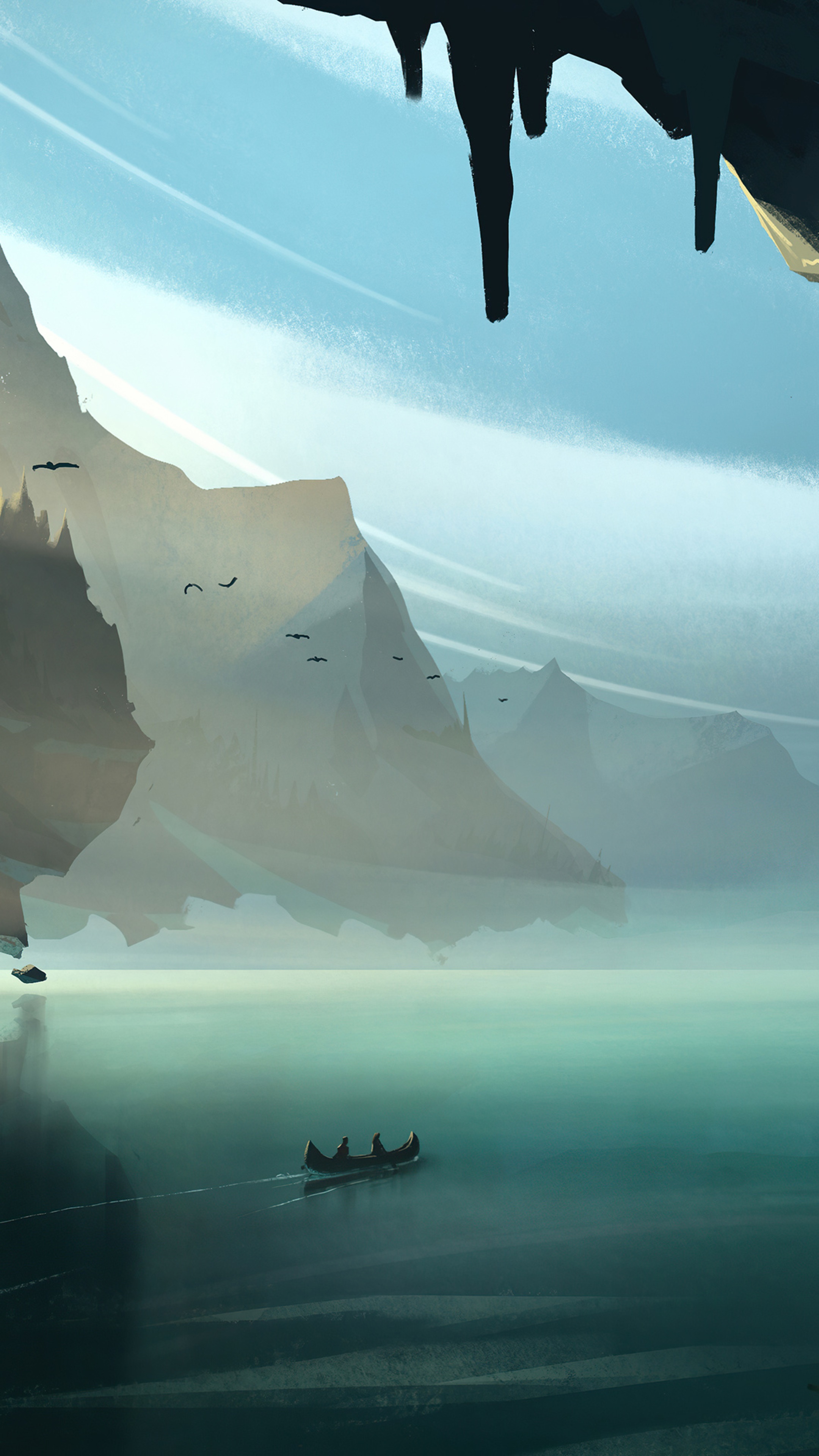 Digital art of a boat on a lake with mountains HD Phone Wallpaper