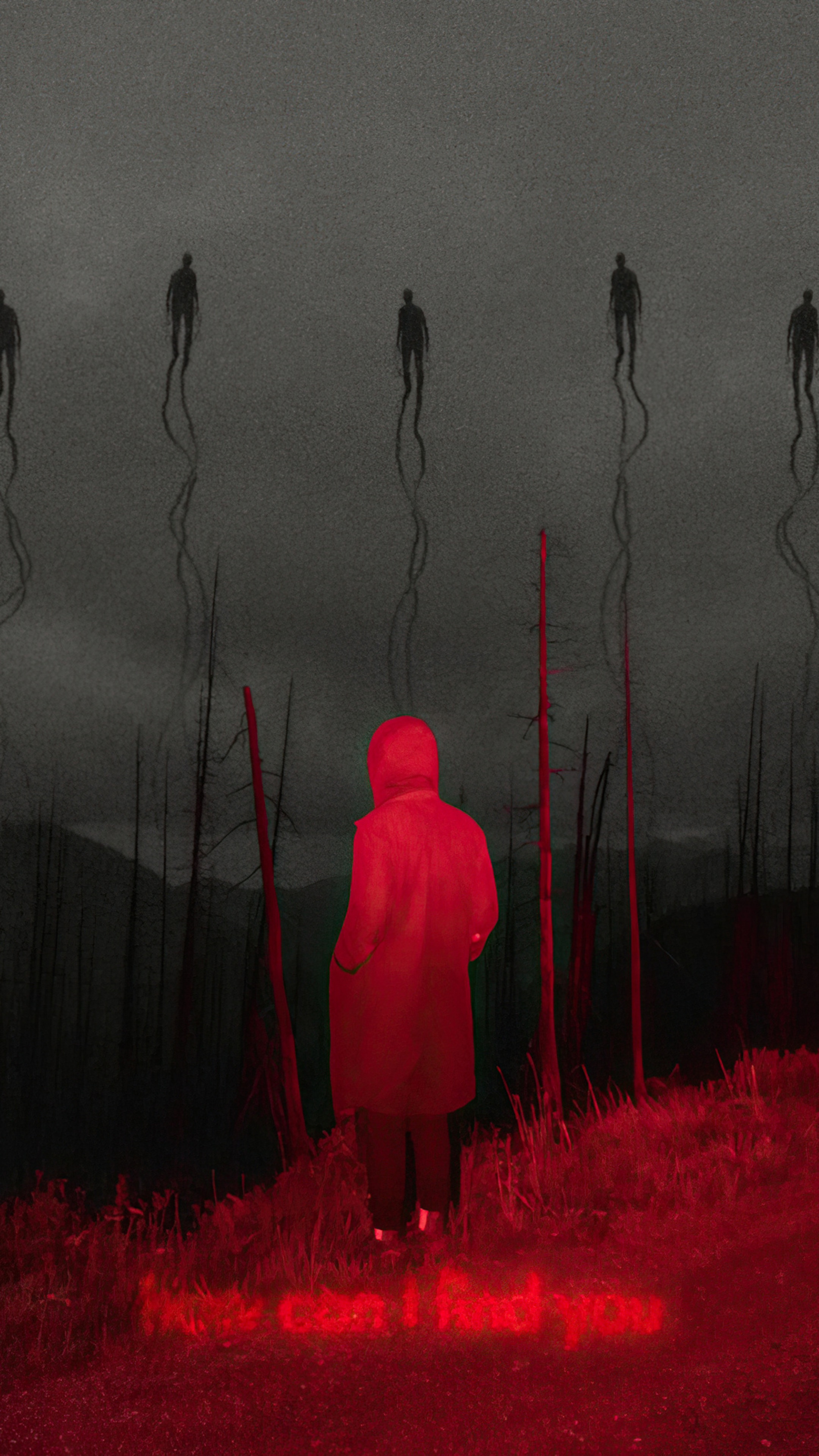 Person in red coat facing shadowy figures in a dark landscape HD Phone Wallpaper