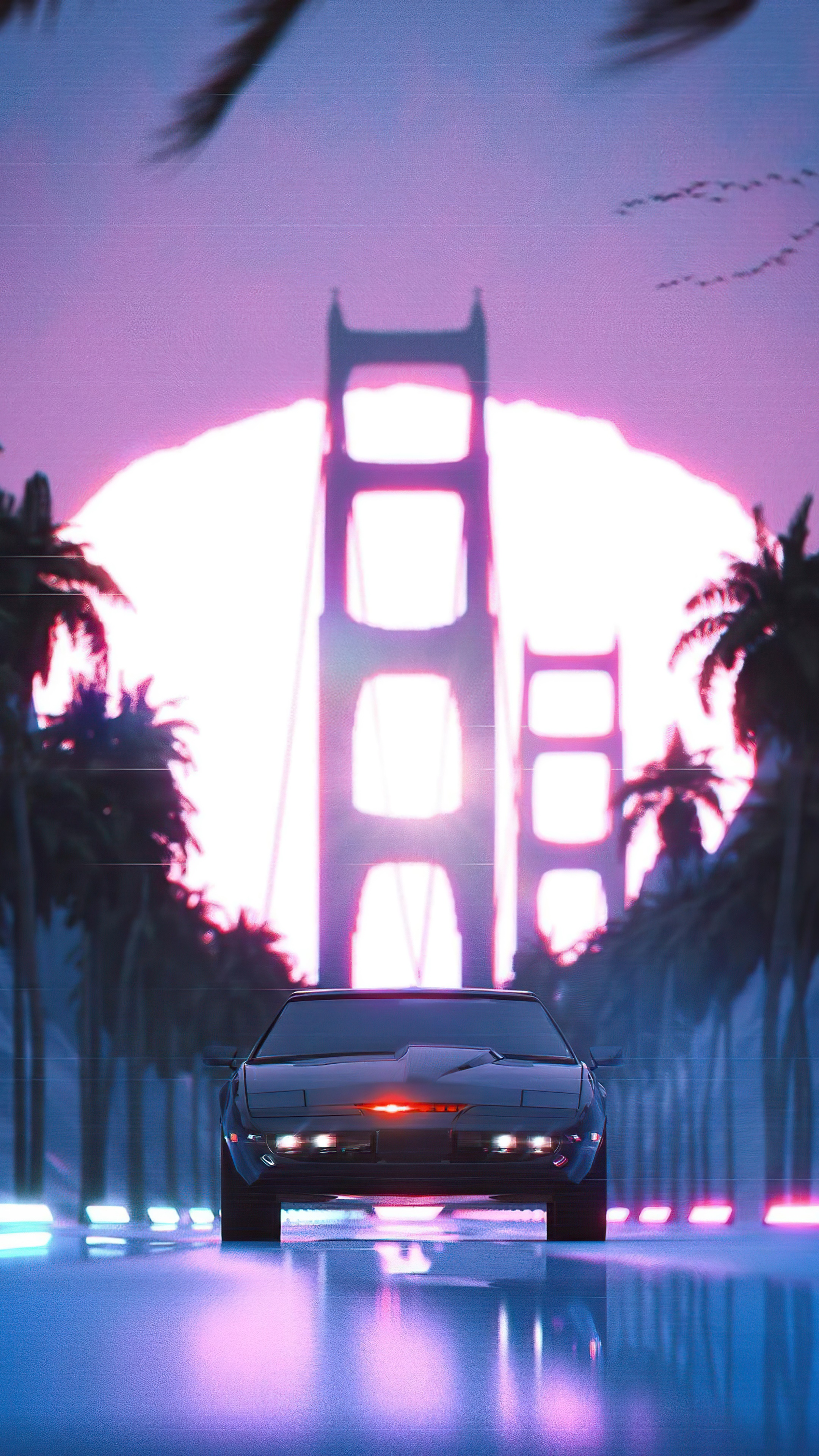 Retrowave car in front of Golden Gate Bridge at sunset HD Phone Wallpaper