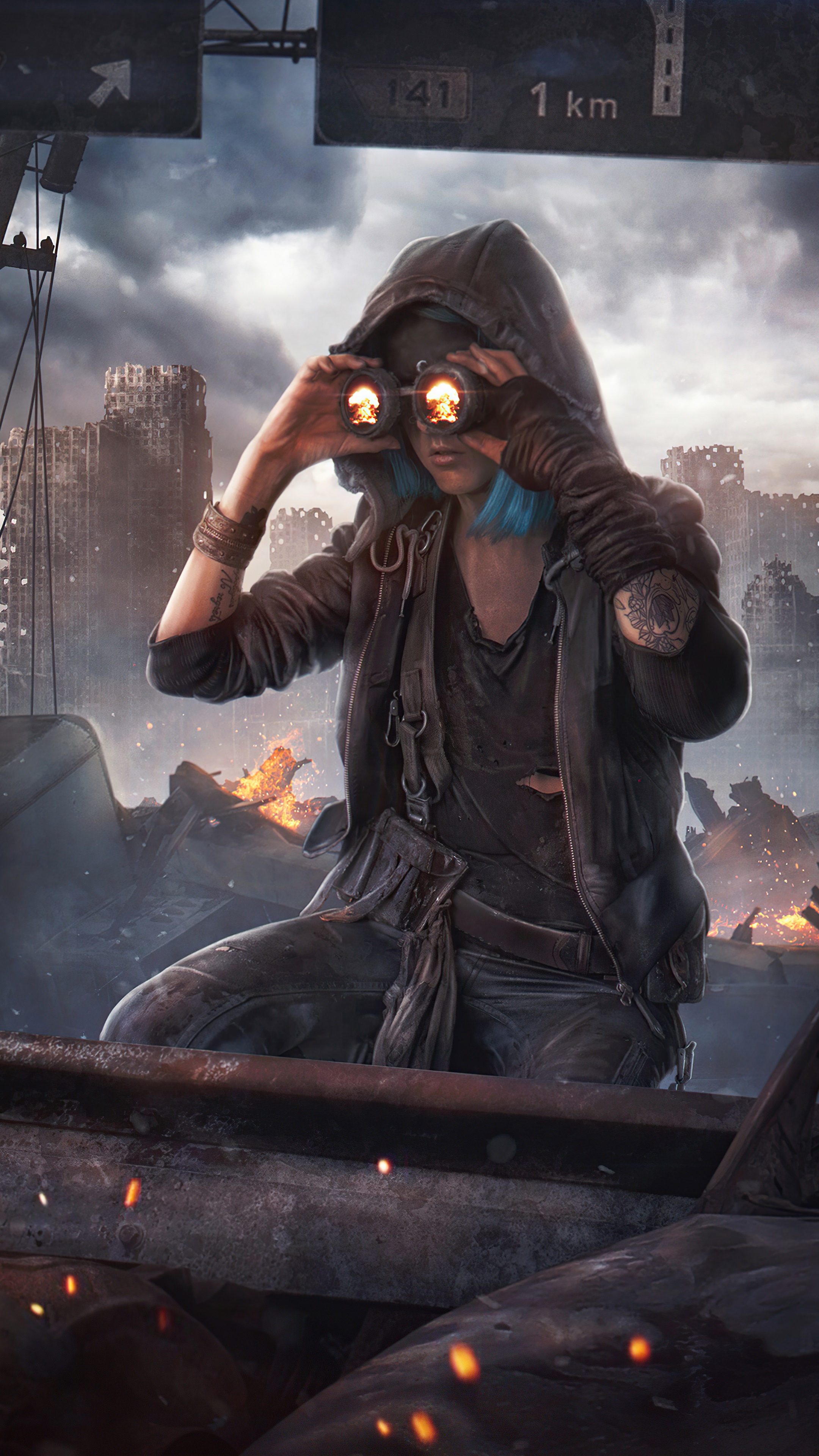 Post-apocalyptic warrior with goggles in ruins HD Phone Wallpaper