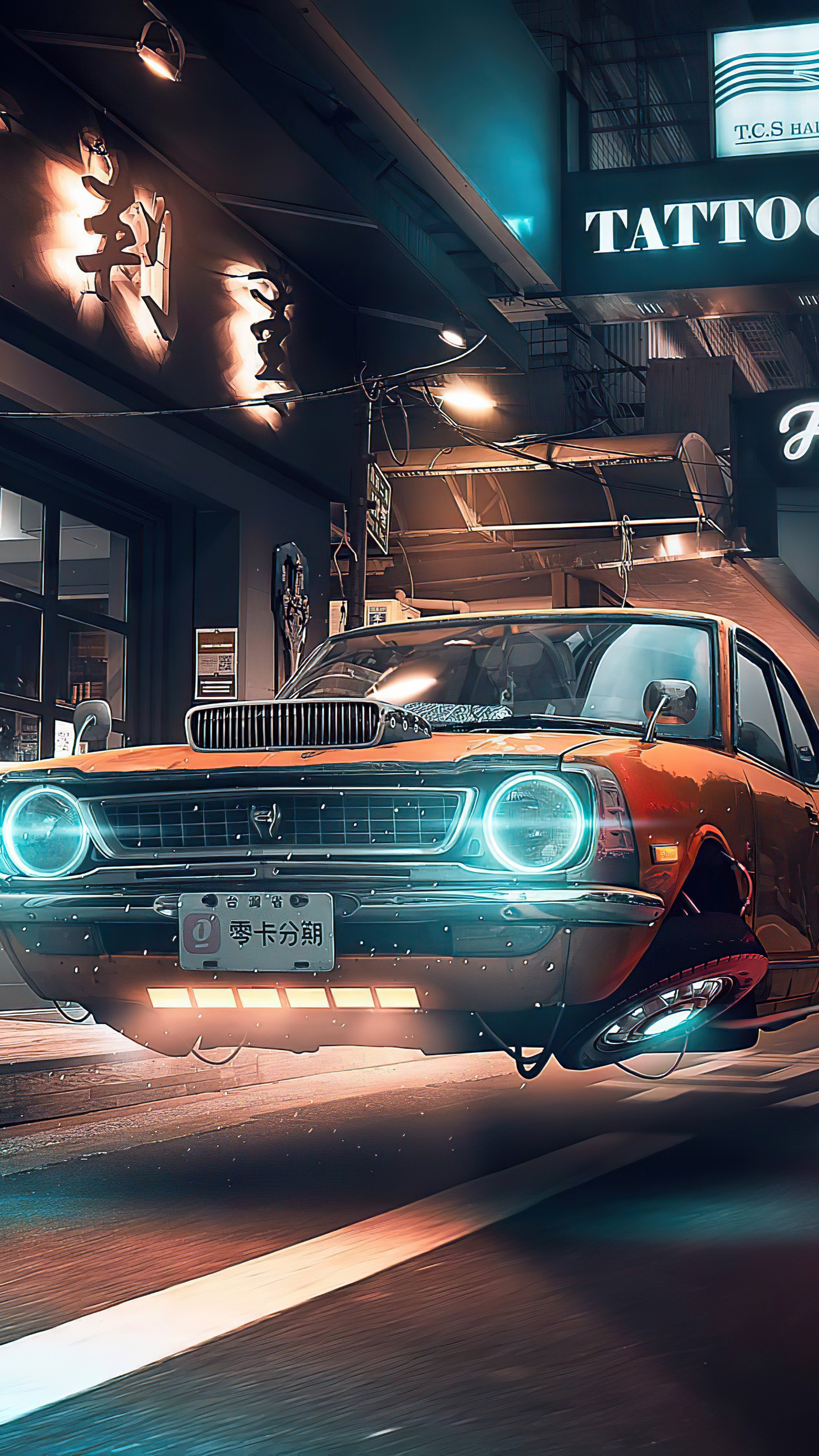 Sci-fi flying car in a neon-lit city HD Phone Wallpaper