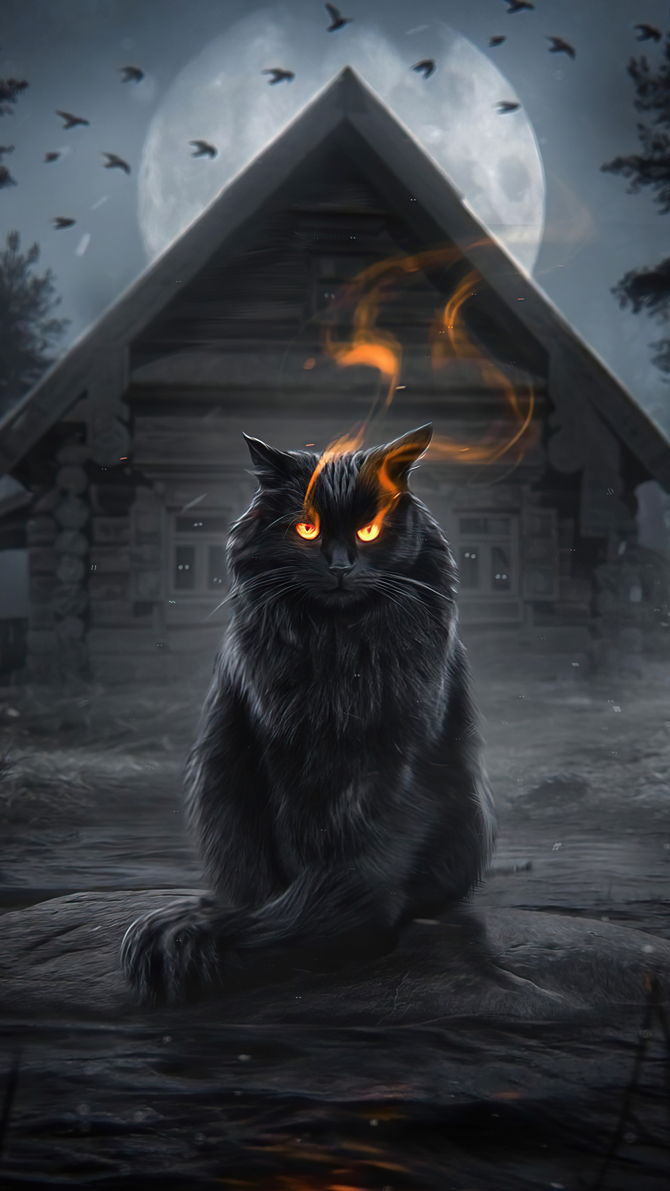 Black cat with fiery eyes in front of a cabin HD Phone Wallpaper