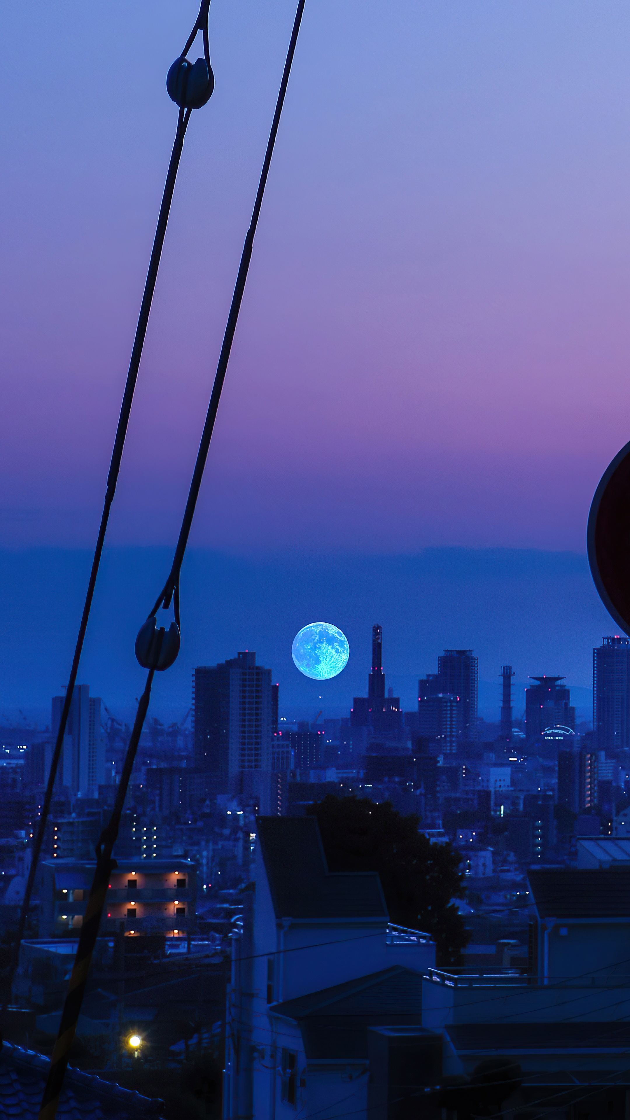 Full moon over city skyline at dusk HD Phone Wallpaper