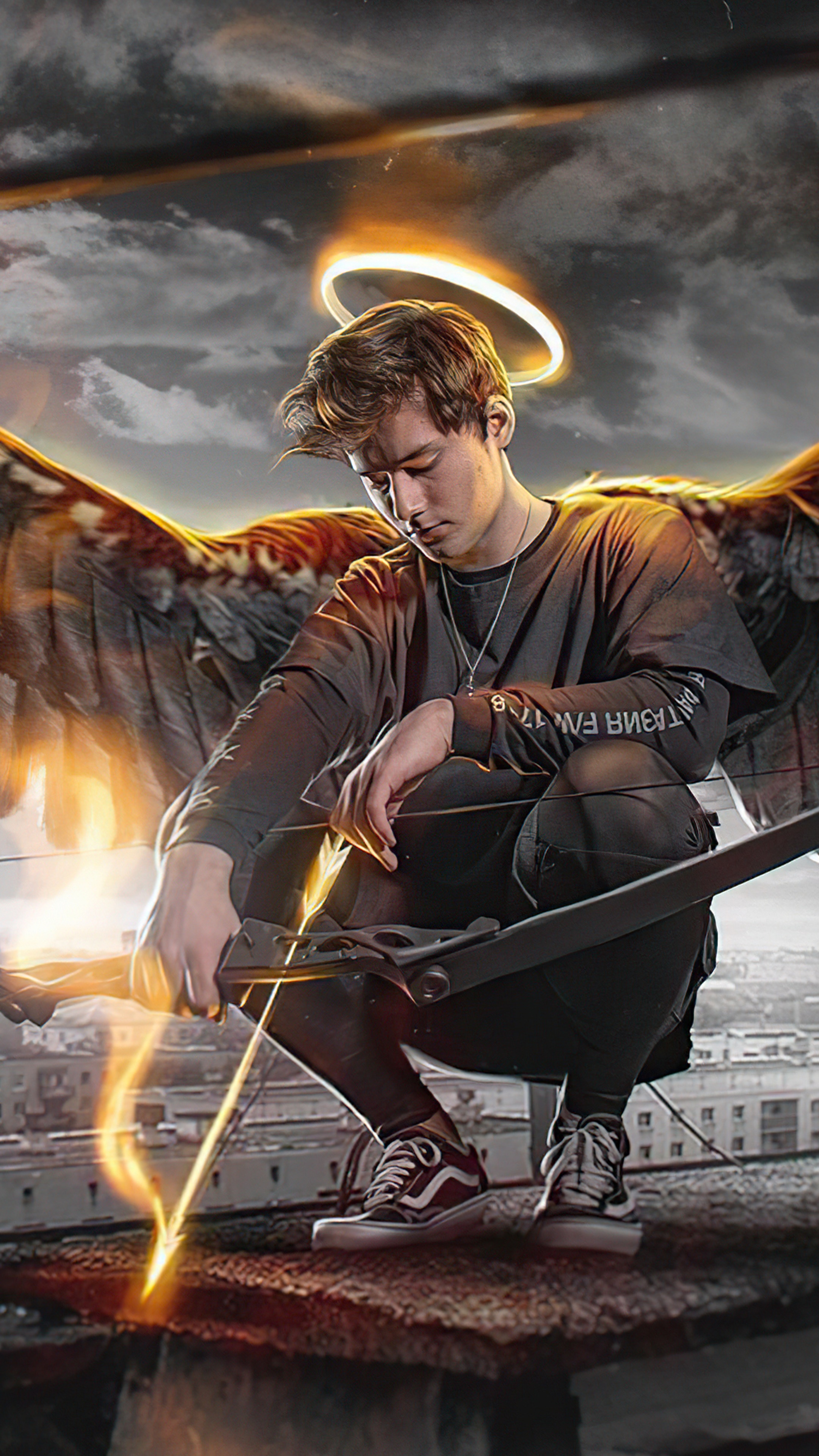 Angel with bow and arrow on rooftop HD Phone Wallpaper