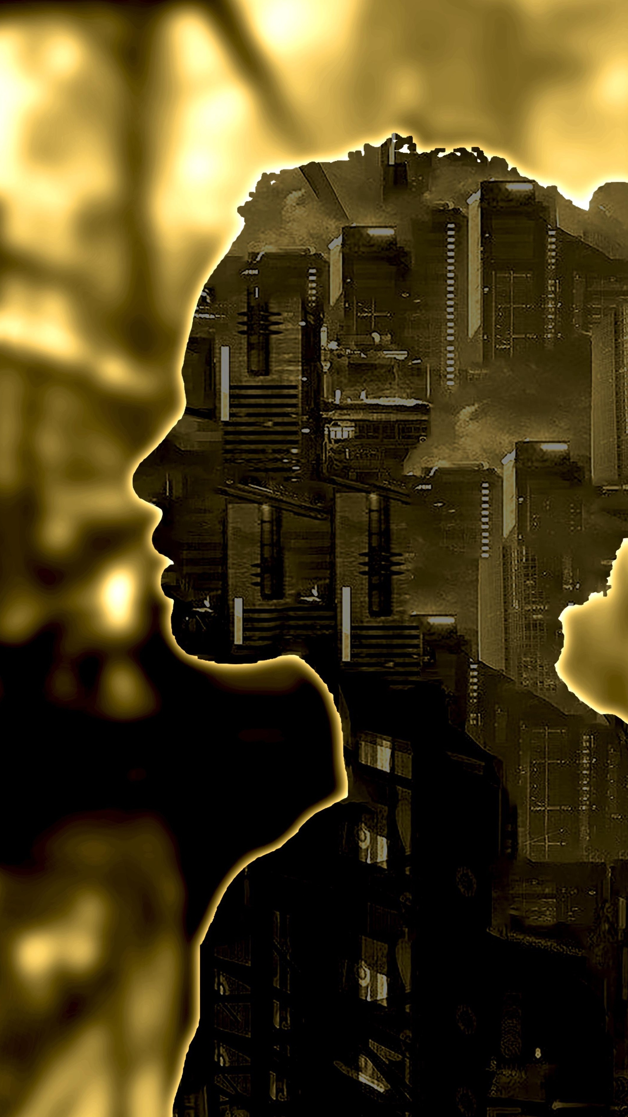 Silhouette of a woman with a cityscape inside HD Phone Wallpaper