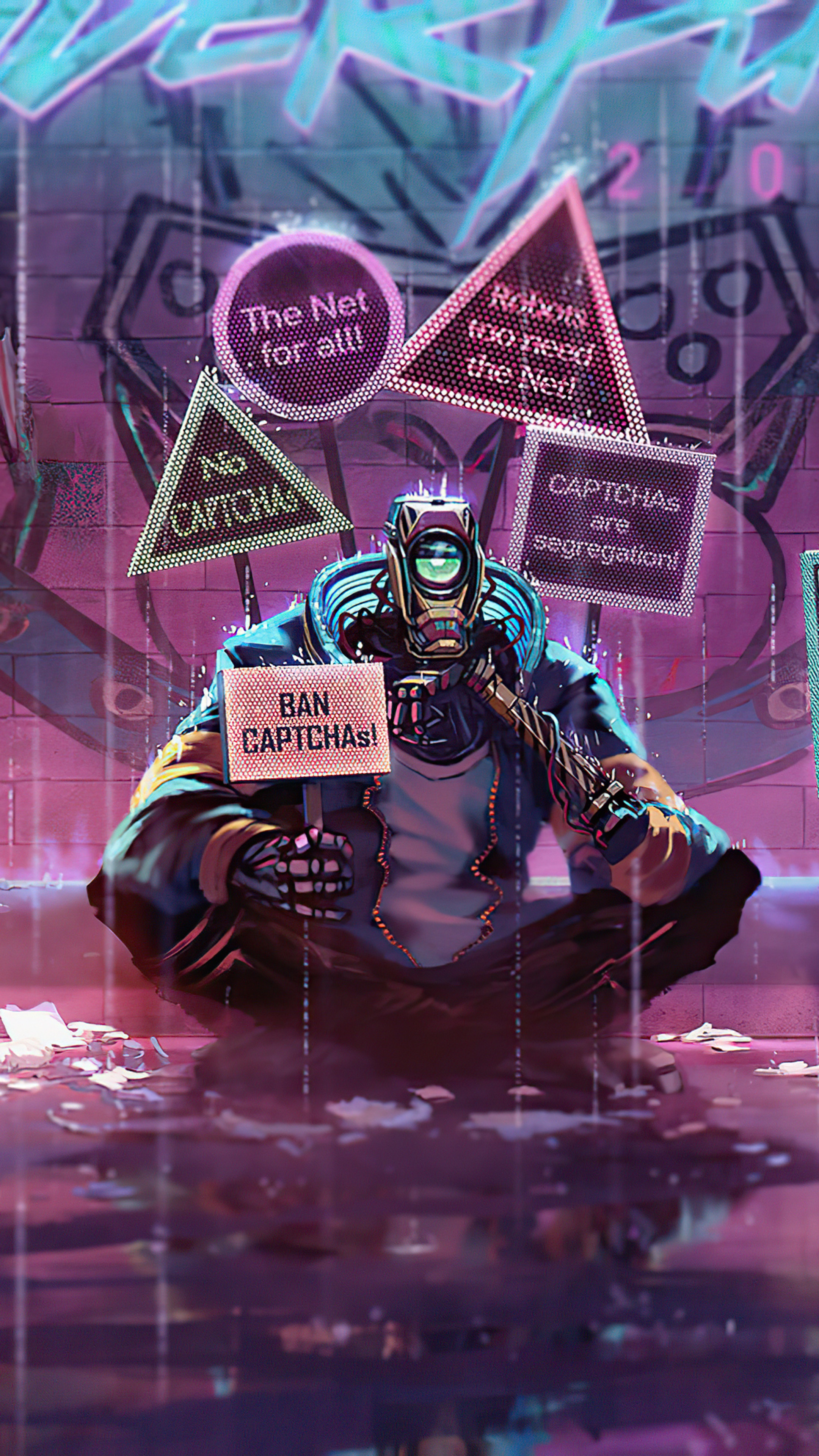 Robot protesting CAPTCHAS with signs HD Phone Wallpaper