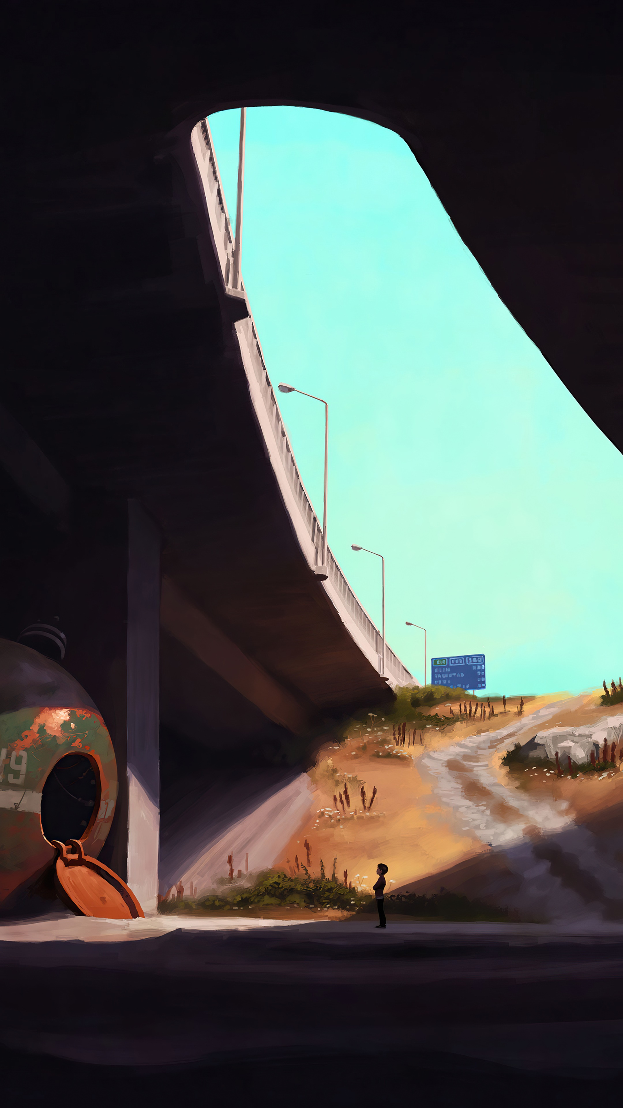 Artwork of a person under a bridge HD Phone Wallpaper