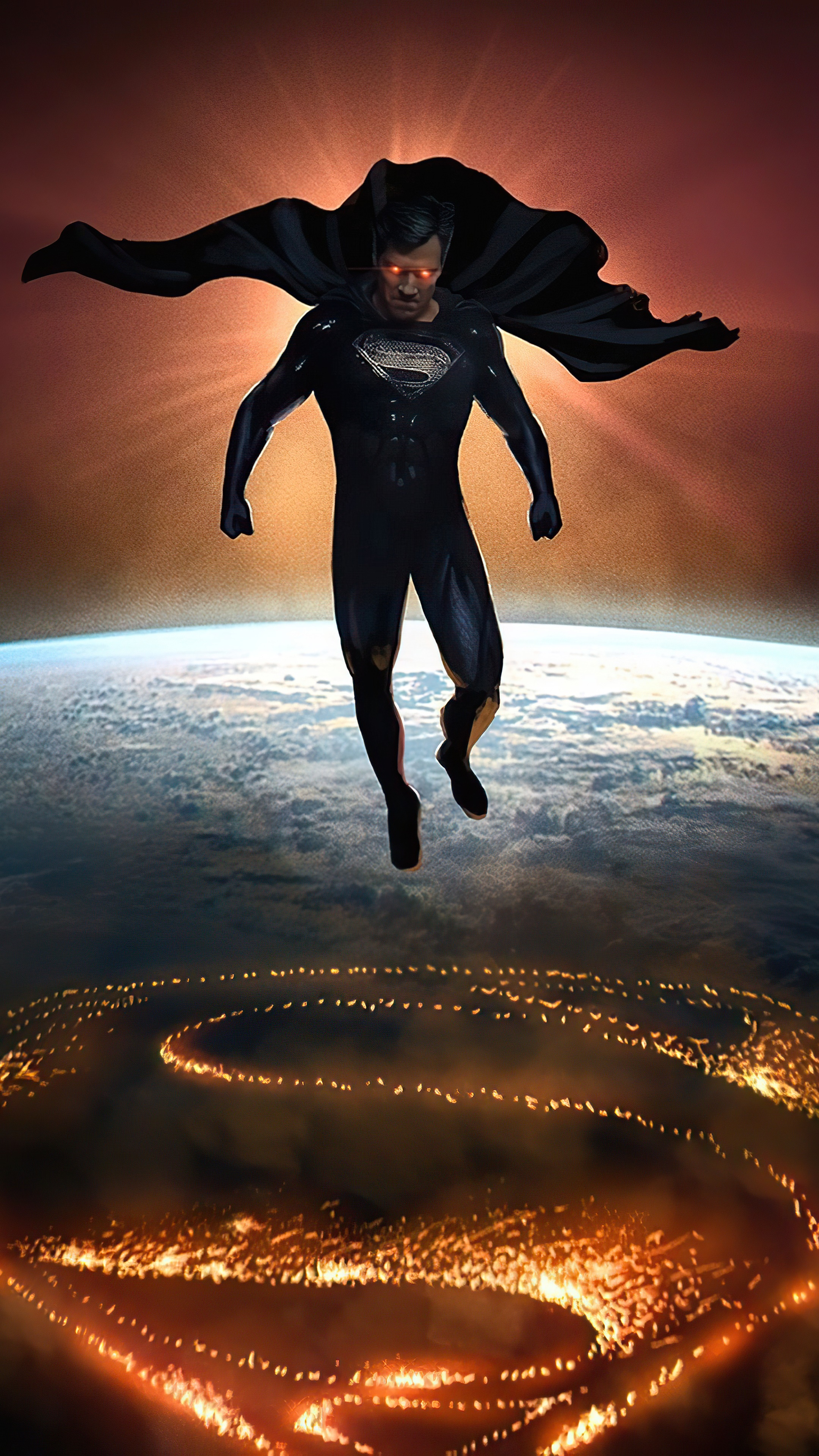 Superman in black suit with red eyes over Earth HD Phone Wallpaper