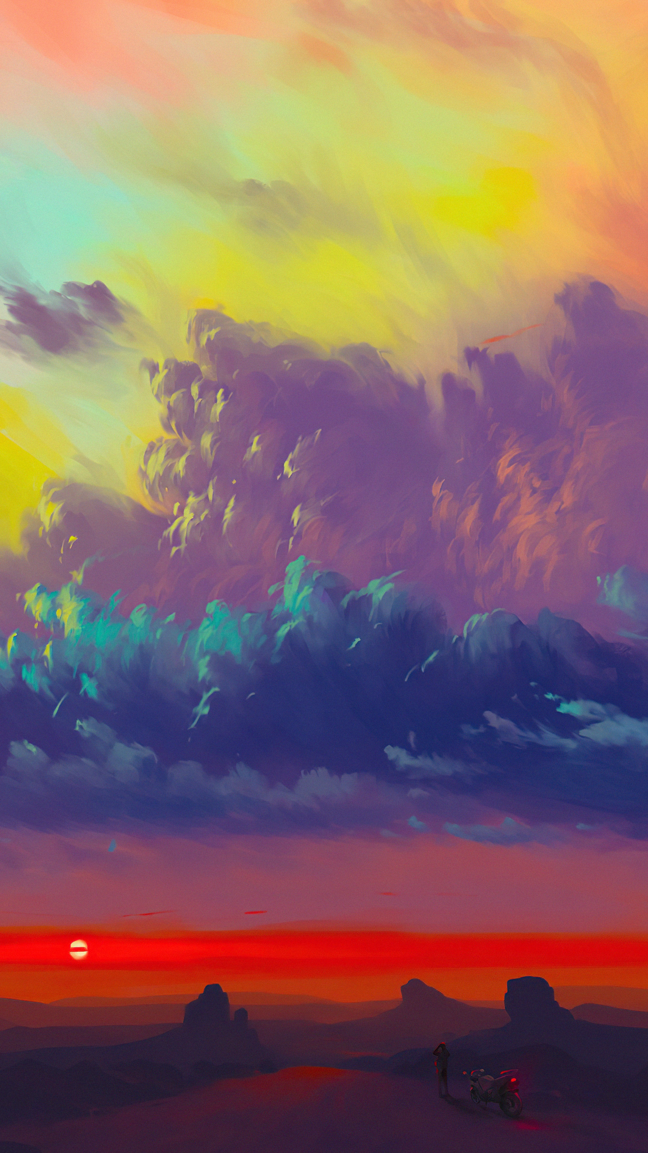 Biker on a road at sunset with colorful clouds HD Phone Wallpaper