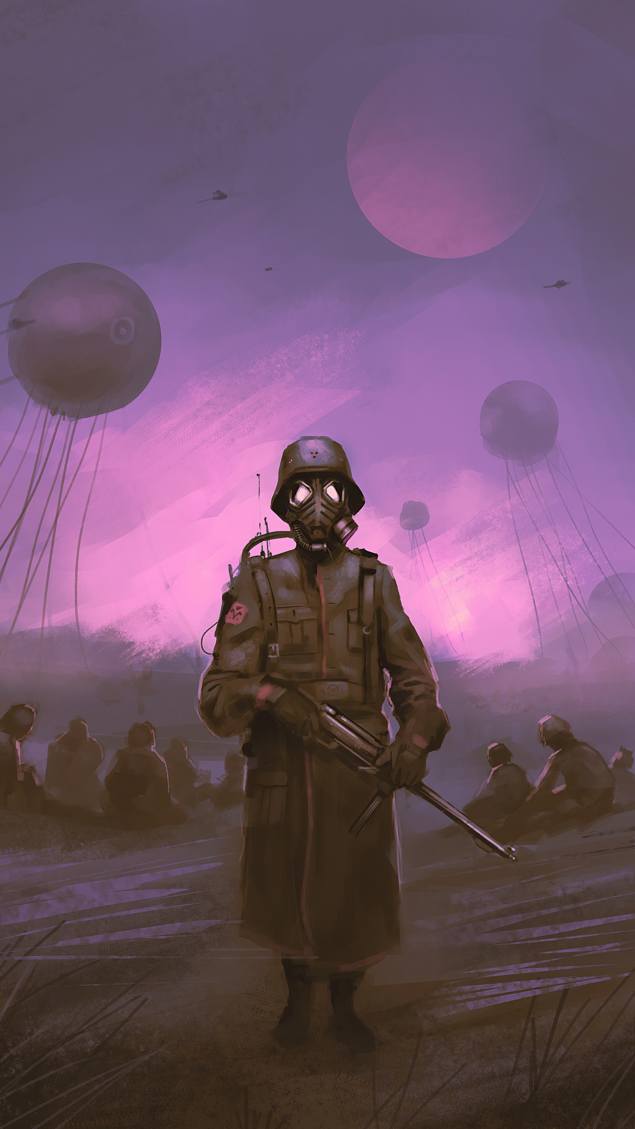 Soldier in gas mask with balloons in sky HD Phone Wallpaper