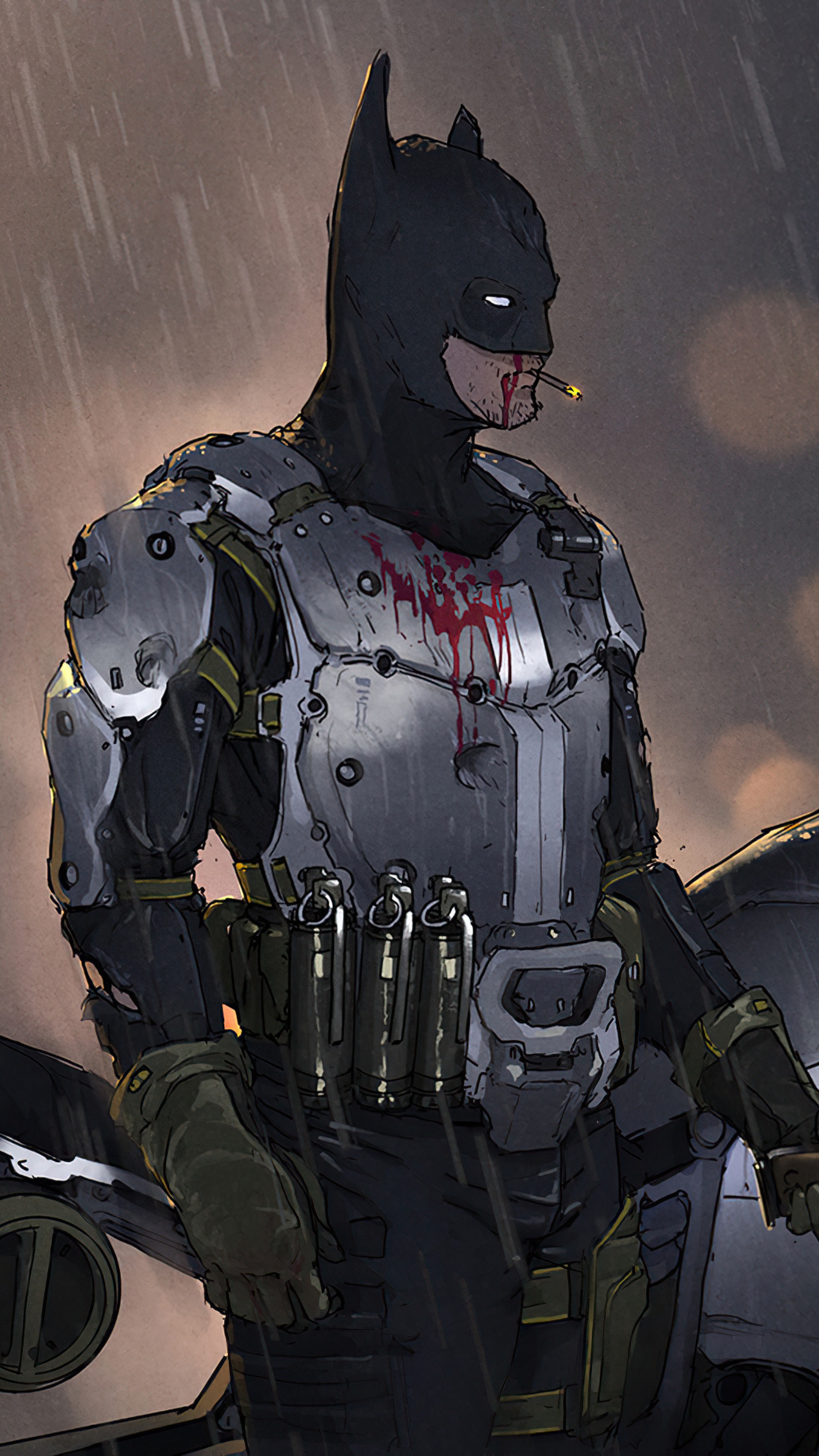 Batman in armored suit with cigarette HD Phone Wallpaper