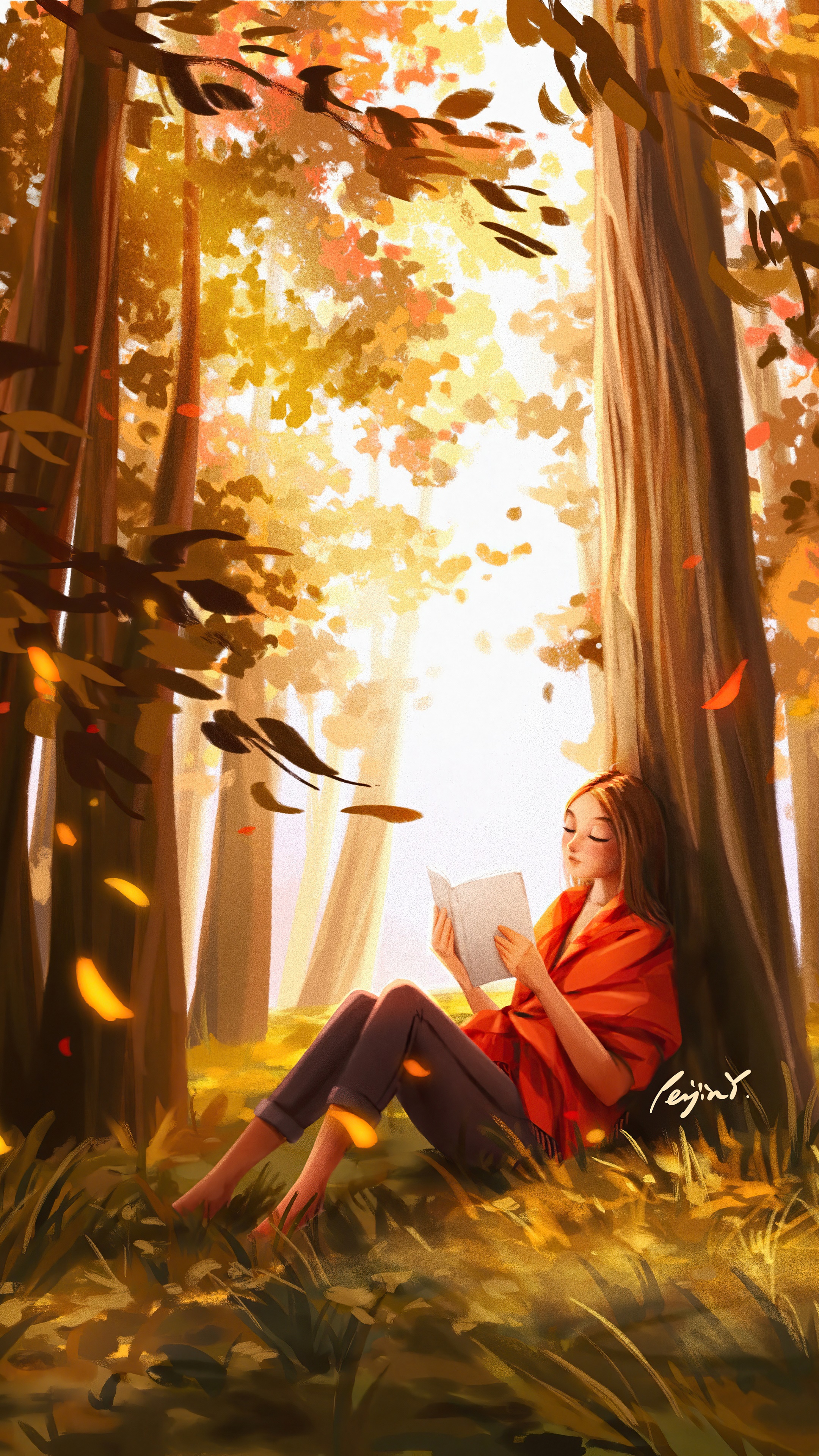 Girl reading a book in an autumn forest HD Phone Wallpaper
