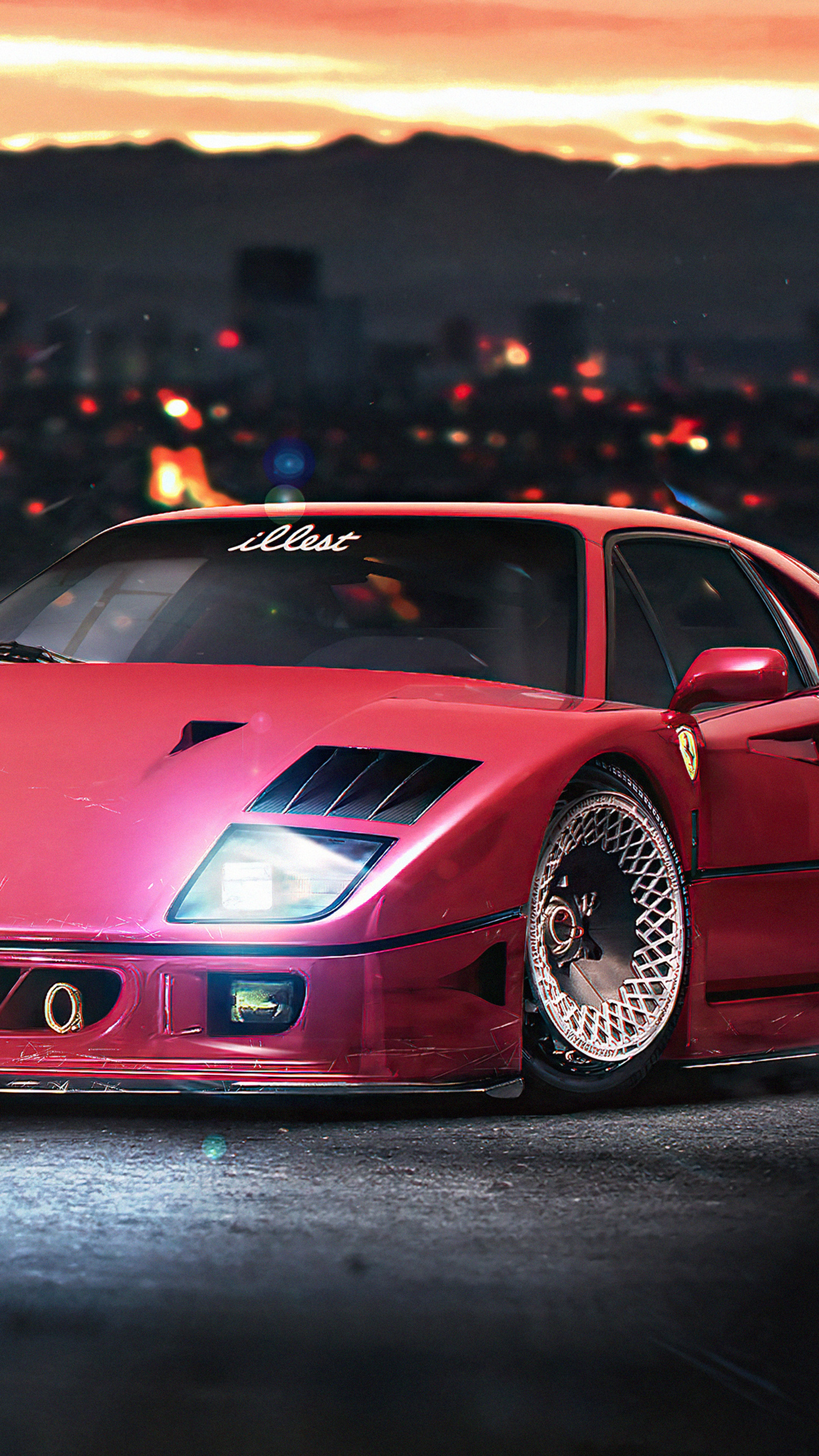 Red Ferrari F40 with "illest" banner HD Phone Wallpaper