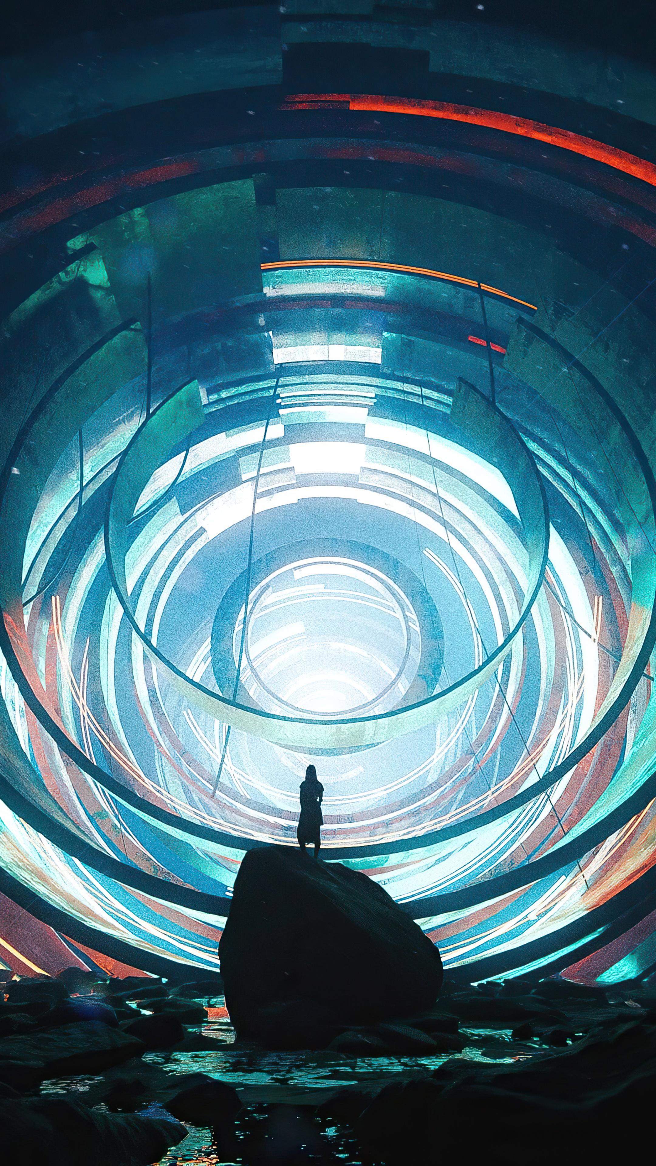 Figure standing on rock in futuristic tunnel HD Phone Wallpaper