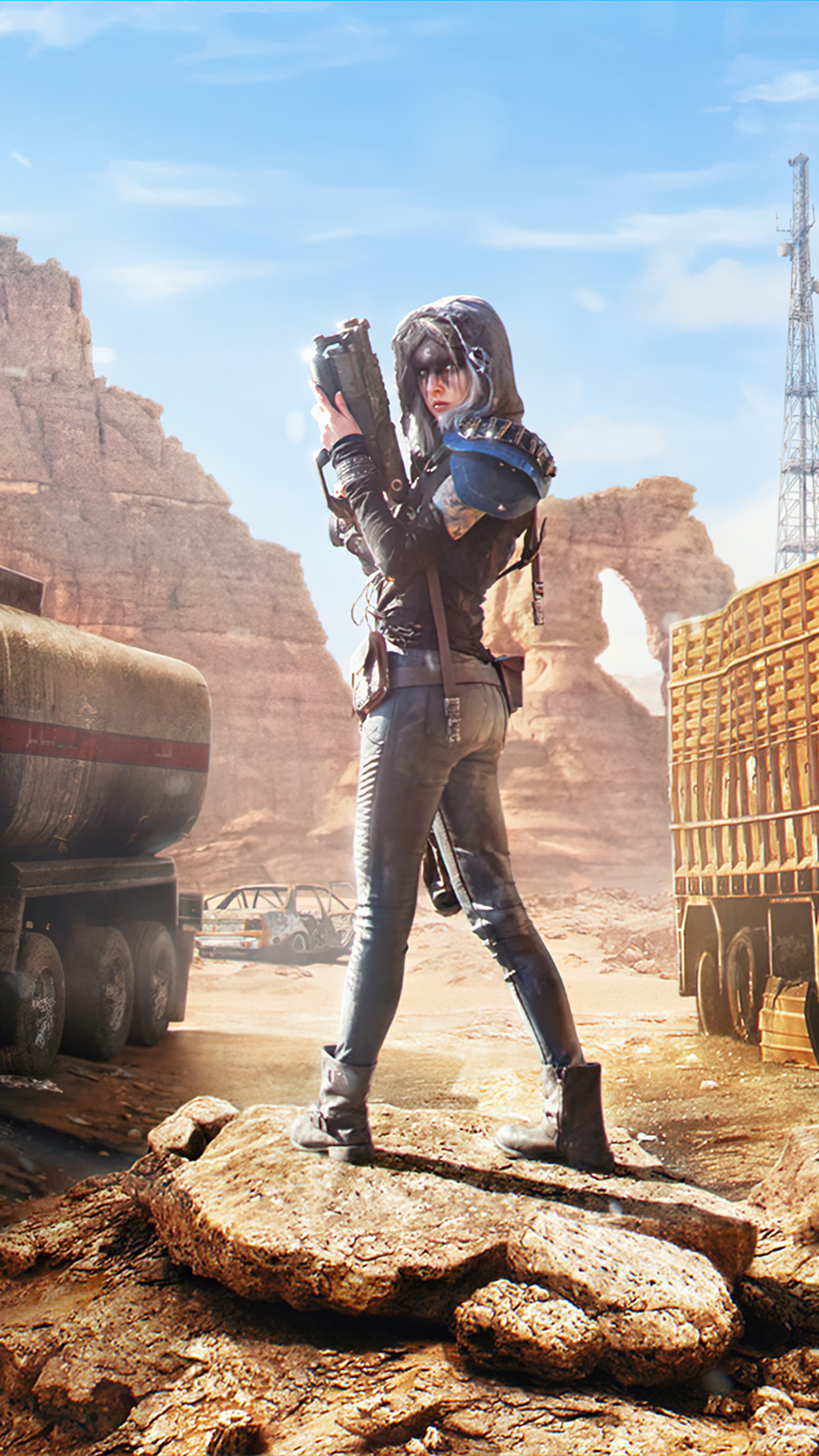 Woman with gun in desert landscape 4K HD Phone Wallpaper