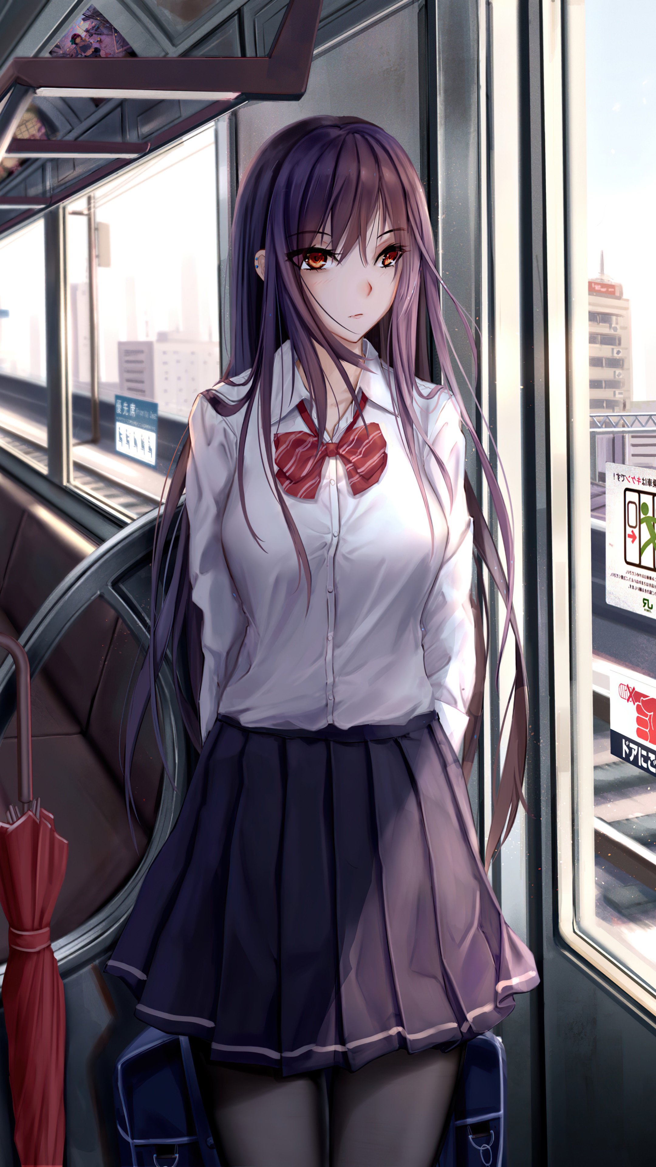 Anime girl in school uniform on a train HD Phone Wallpaper