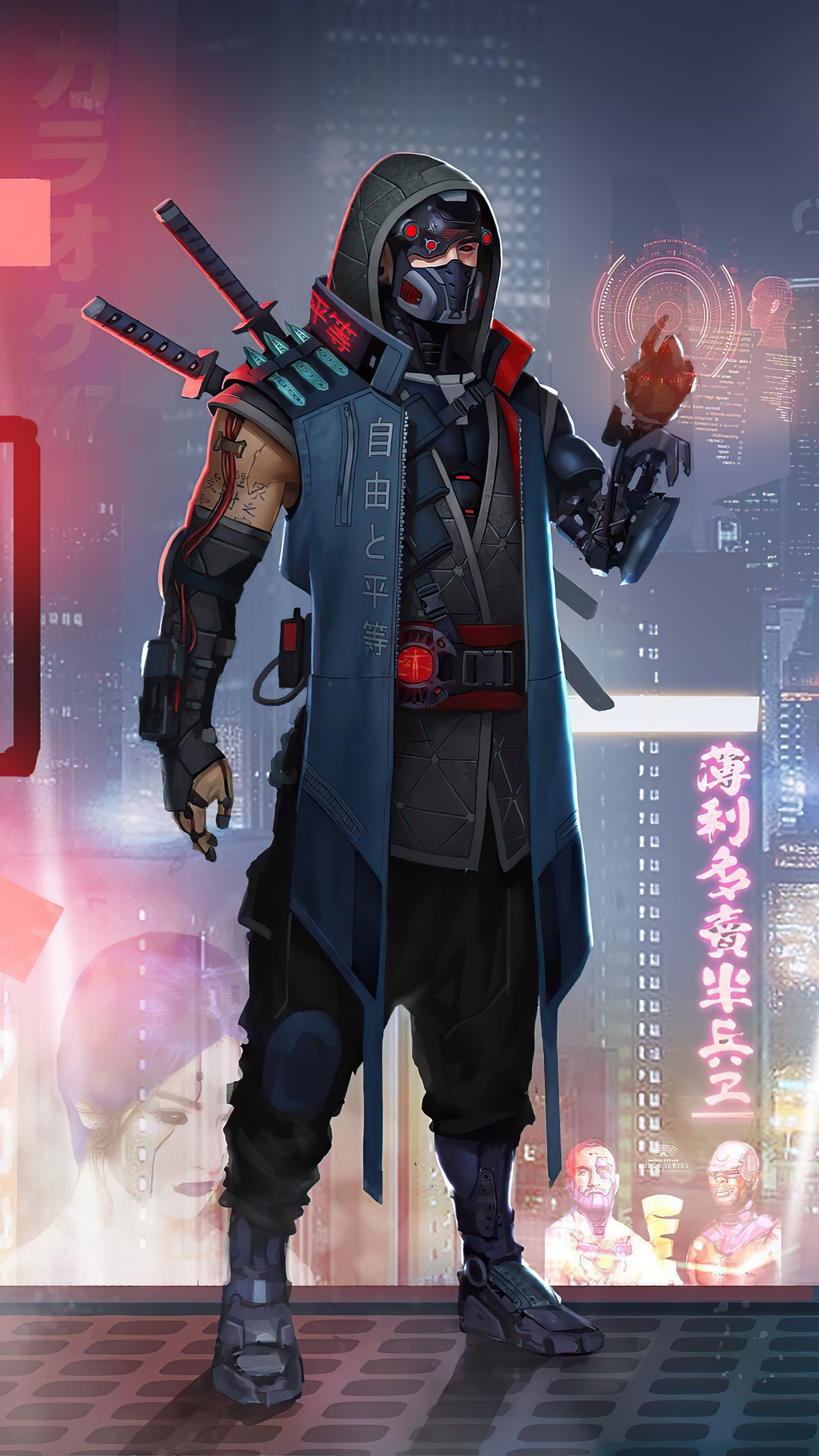 Cyberpunk ninja with swords and mask in a city HD Phone Wallpaper
