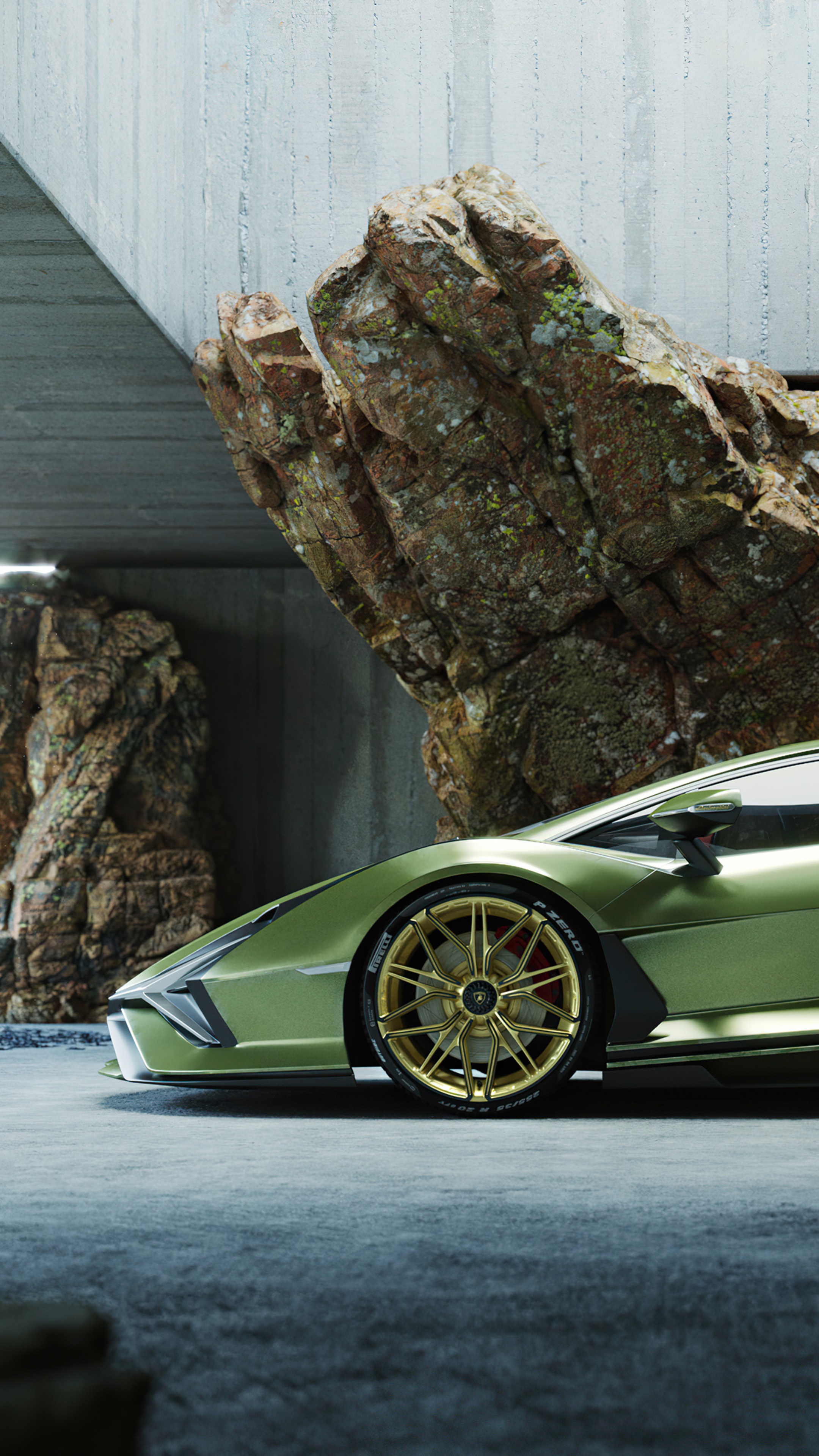 Green Lamborghini Sian with gold wheels in a cave HD Phone Wallpaper
