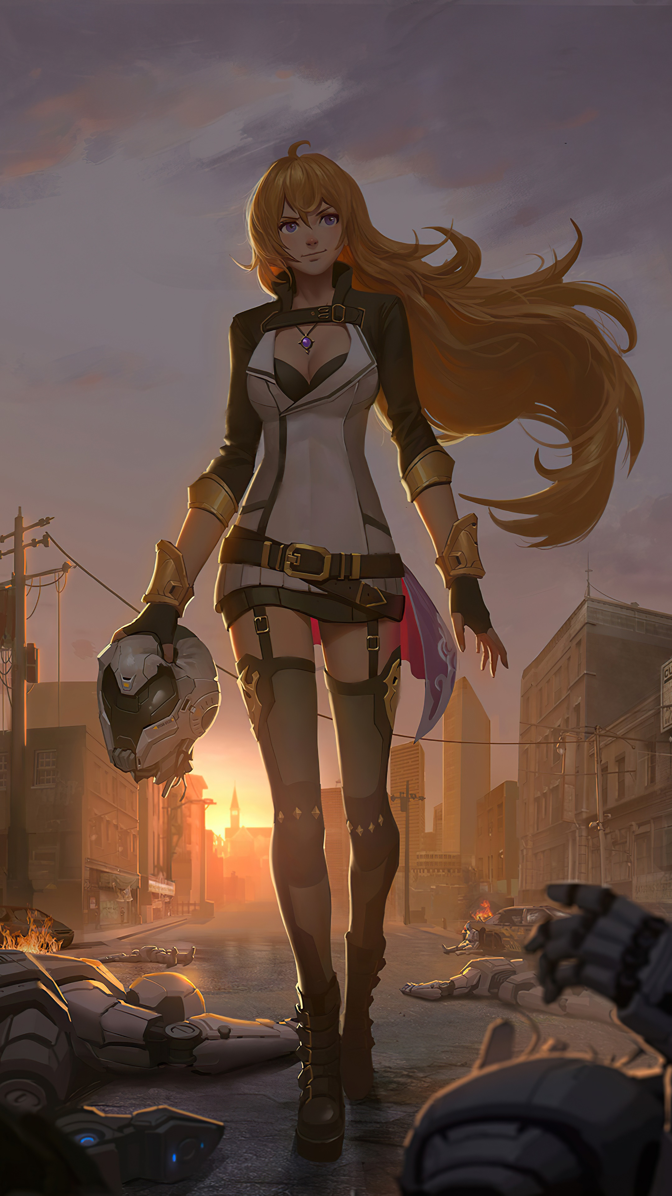 Yang Xiao Long from RWBY in a destroyed city HD Phone Wallpaper