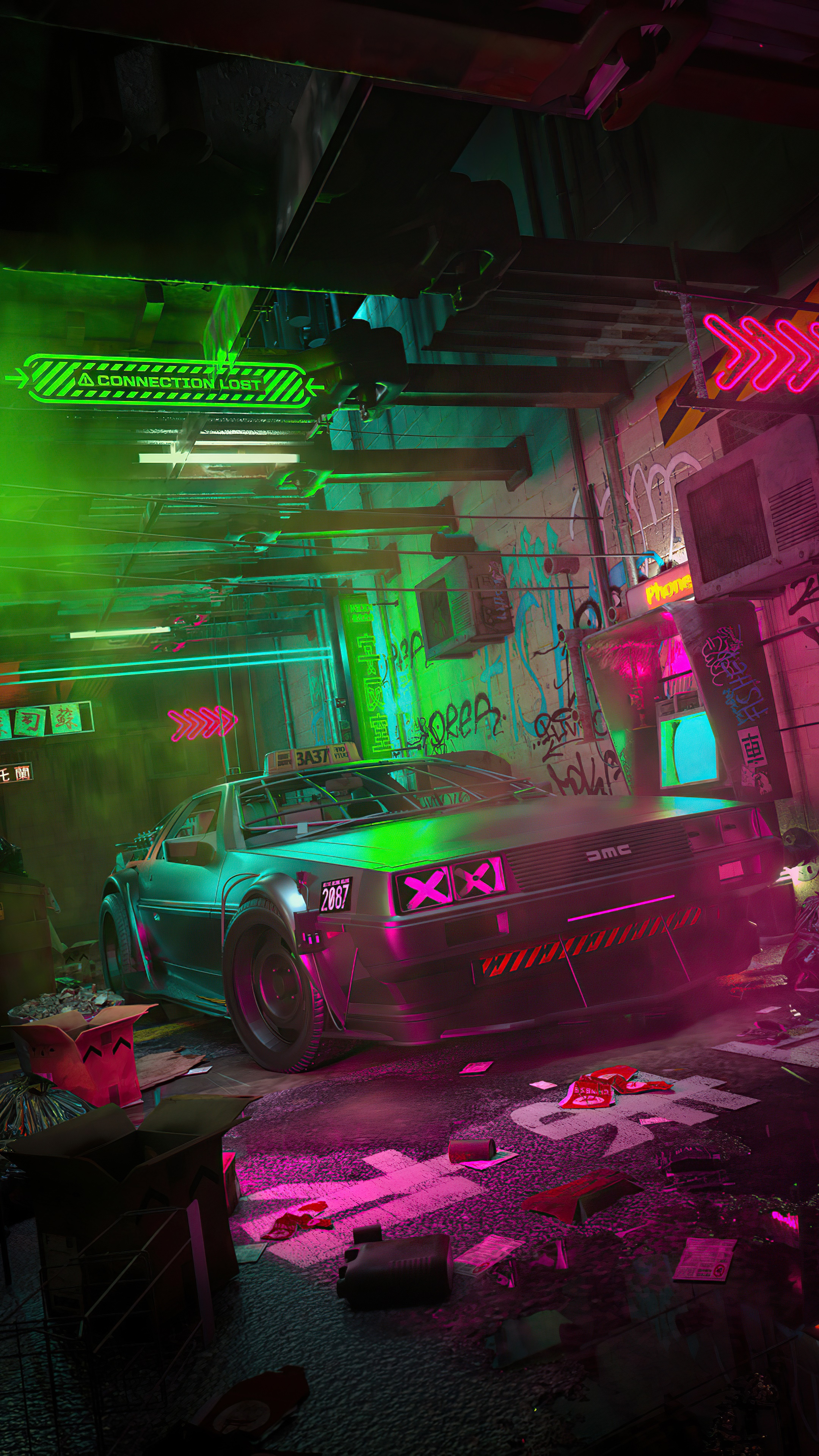 Cyberpunk DeLorean taxi in a neon-lit alley HD Phone Wallpaper