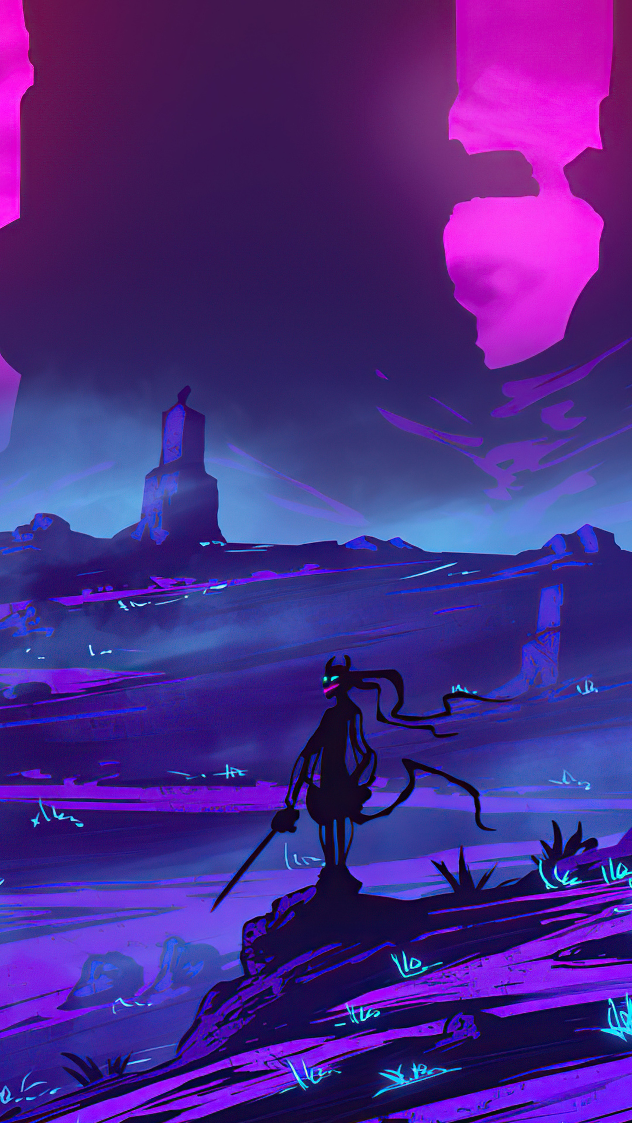 Warrior with sword in a purple alien landscape HD Phone Wallpaper