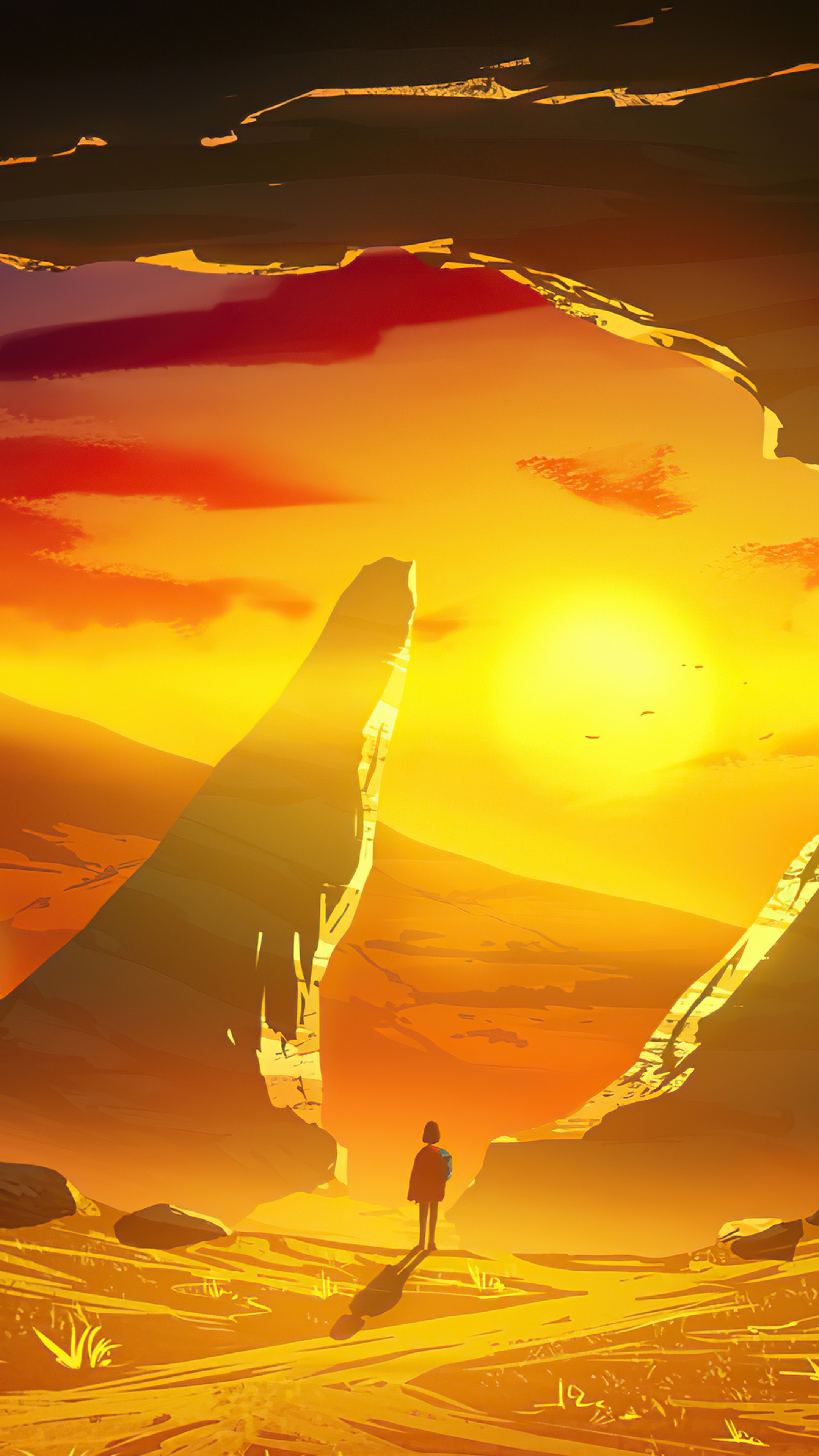 Digital art of a person in a desert landscape at sunset HD Phone Wallpaper