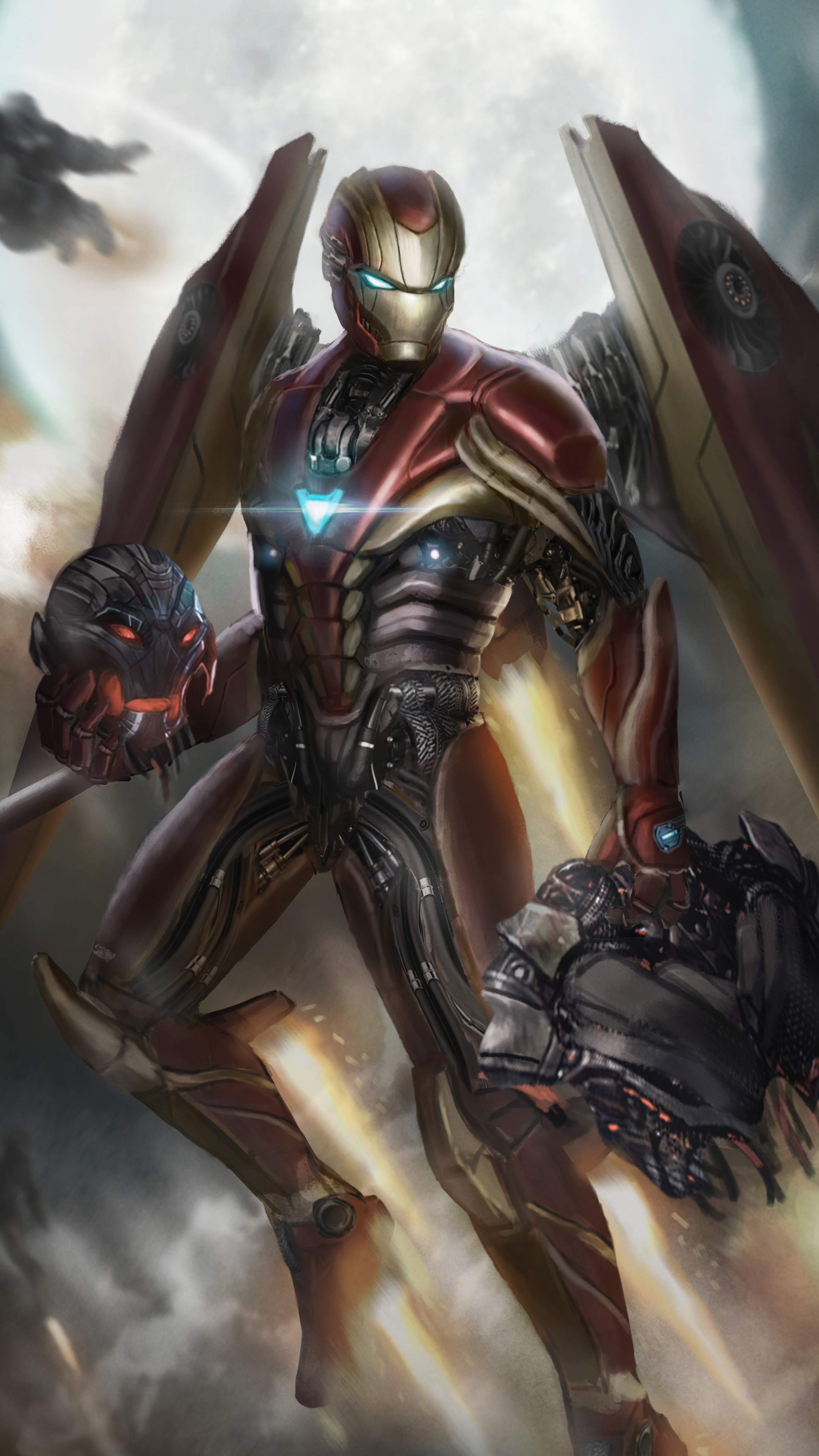 Iron Man holding Ultron's head and a mechanical arm HD Phone Wallpaper