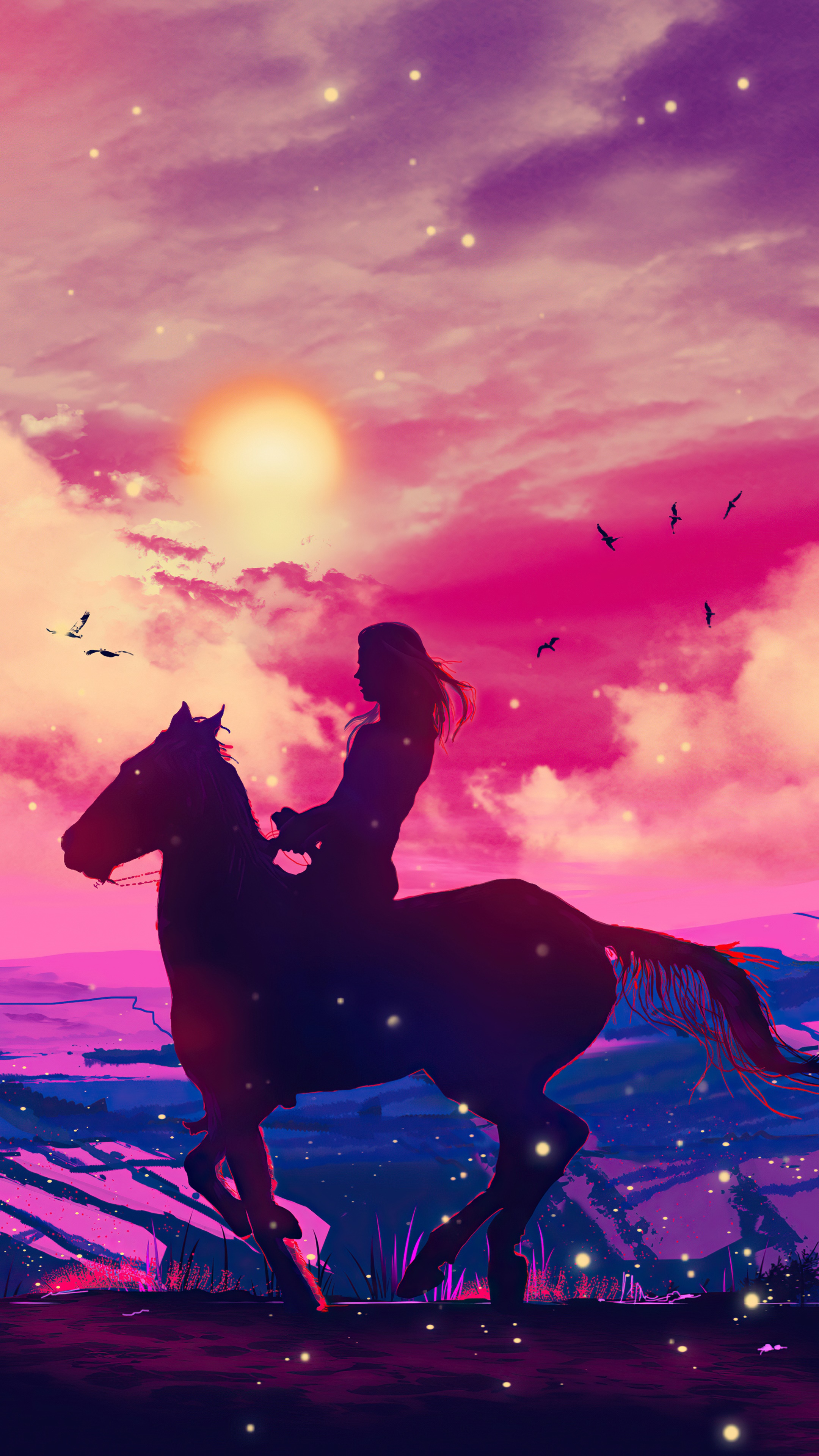 Silhouette of a woman riding a horse at sunset HD Phone Wallpaper