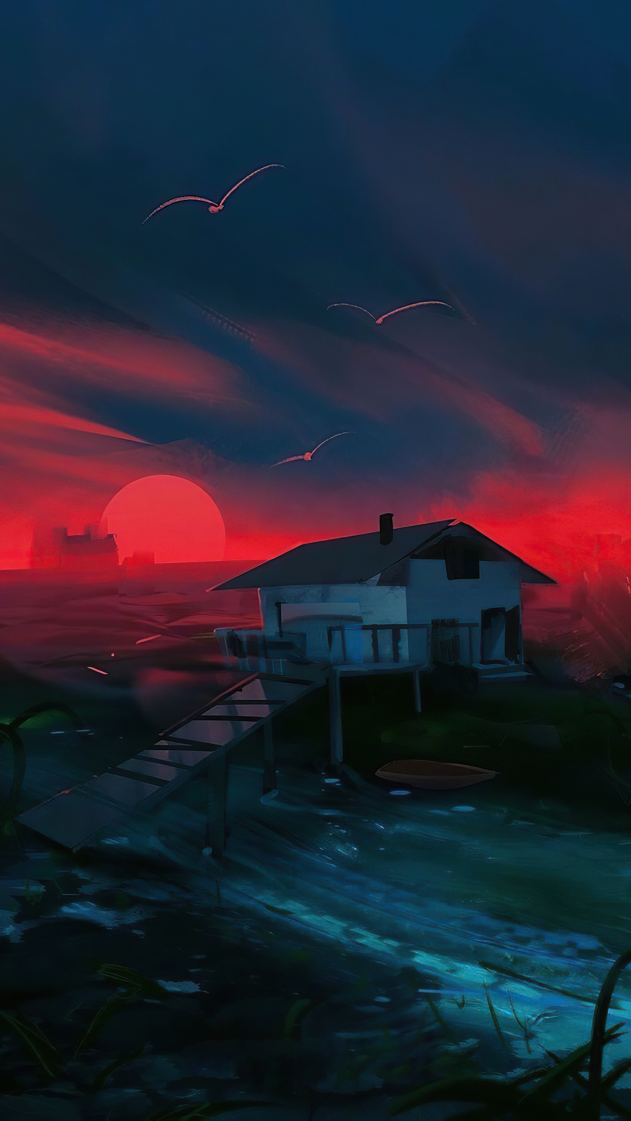 House on stilts by the sea during sunset HD Phone Wallpaper
