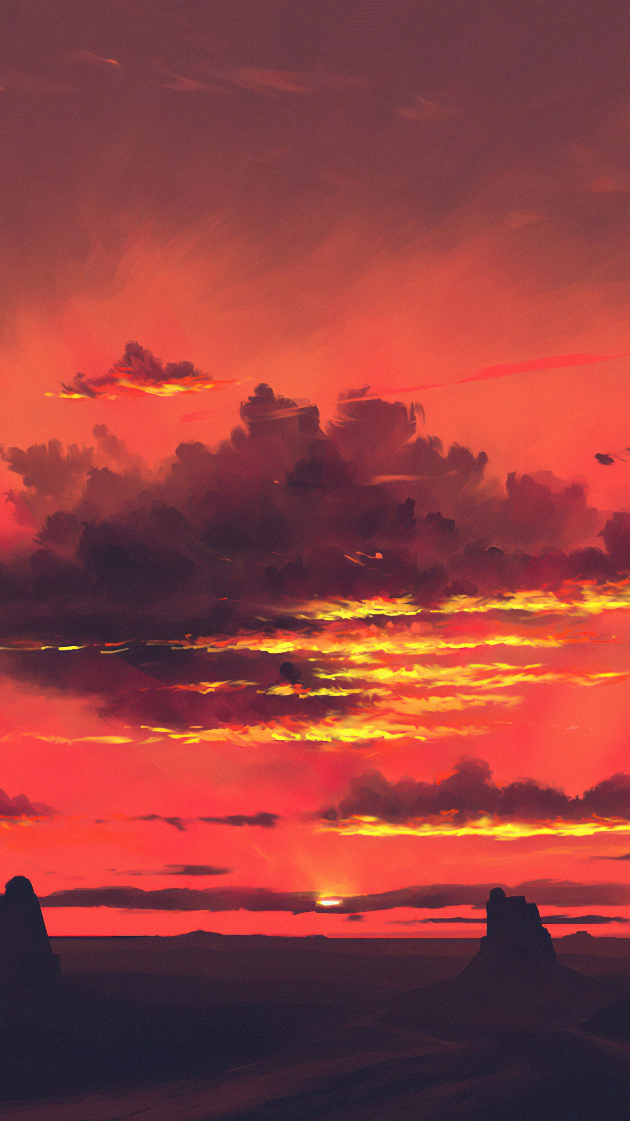 Digital art of a dramatic sunset over a desert landscape HD Phone Wallpaper
